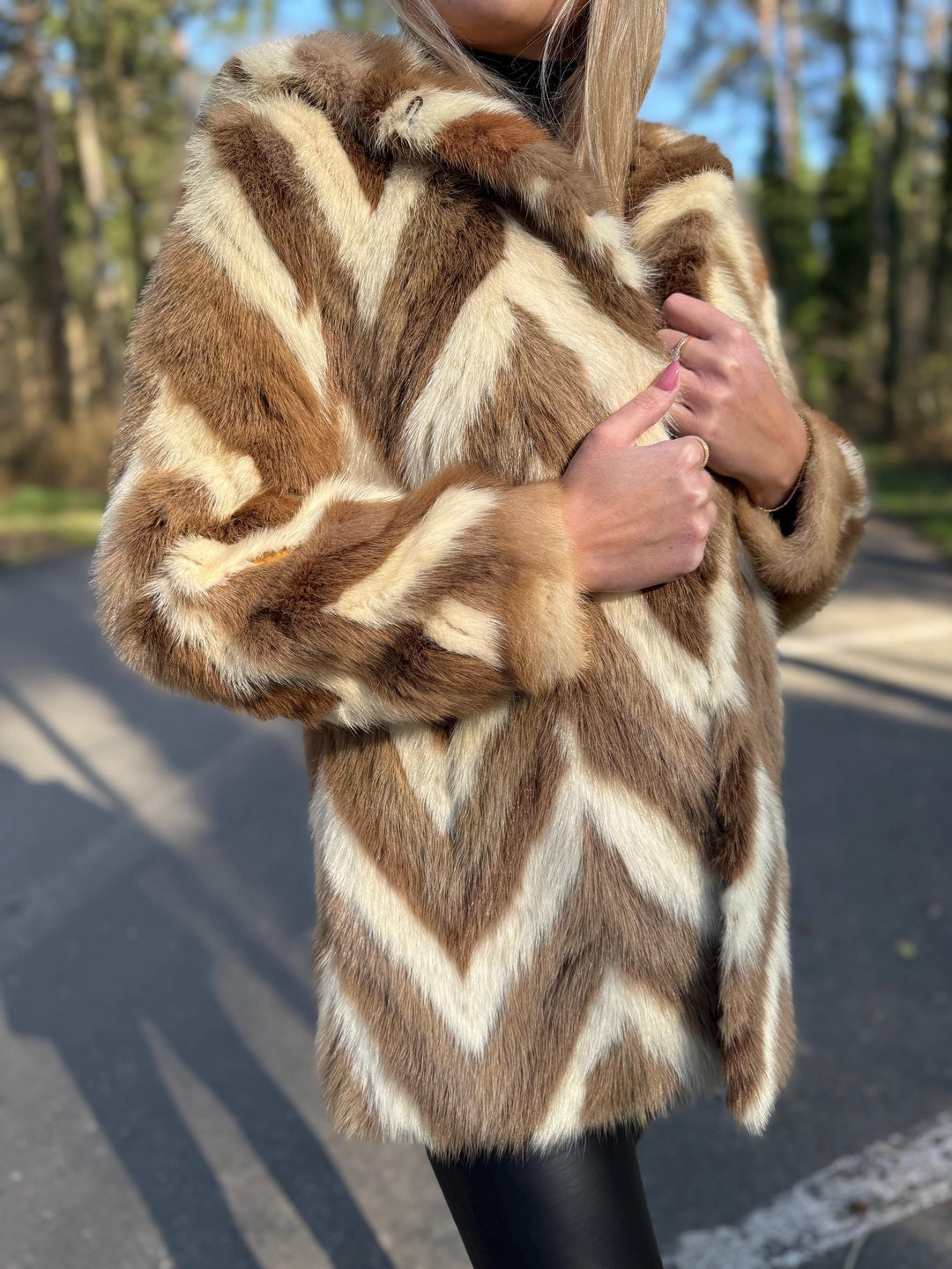 Colorful Beige White Mink Fur Jacket with Hoodie, Medium Size, Real Mink Fur, Cross Mink Design, Soft and Thick Fur, Luxurious Unique Style