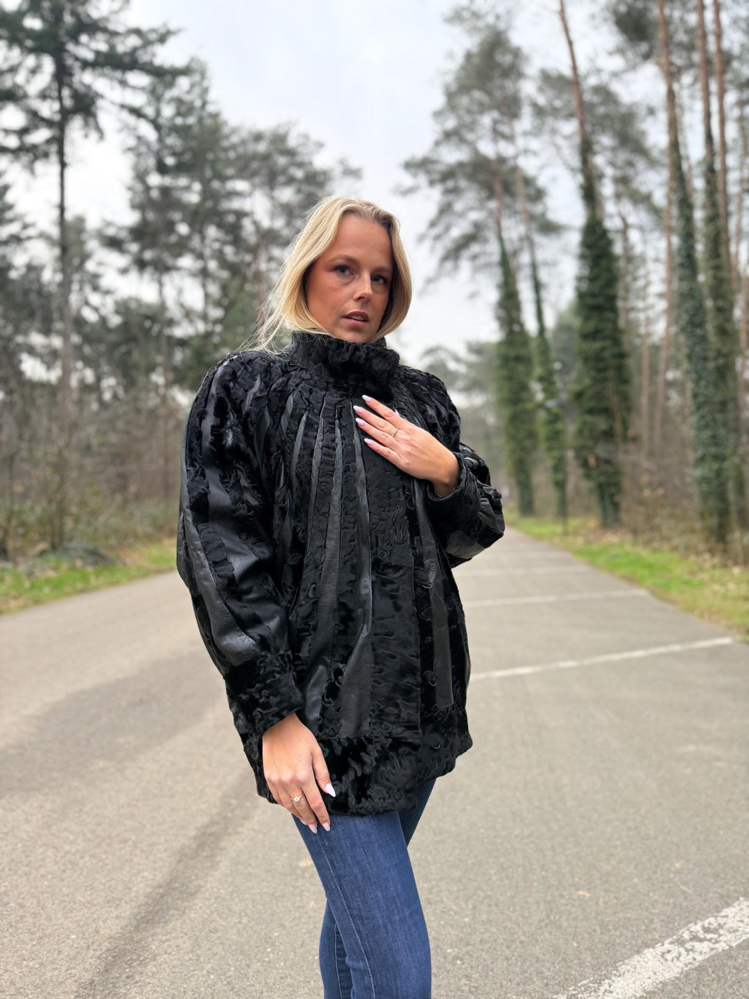 Black Swakara Astrakhan Jacket, Large Size, Genuine Astrakhan Fur with Leather, Classic & Elegant Style, Womens Fur Jacket, Vintage Fur Coat