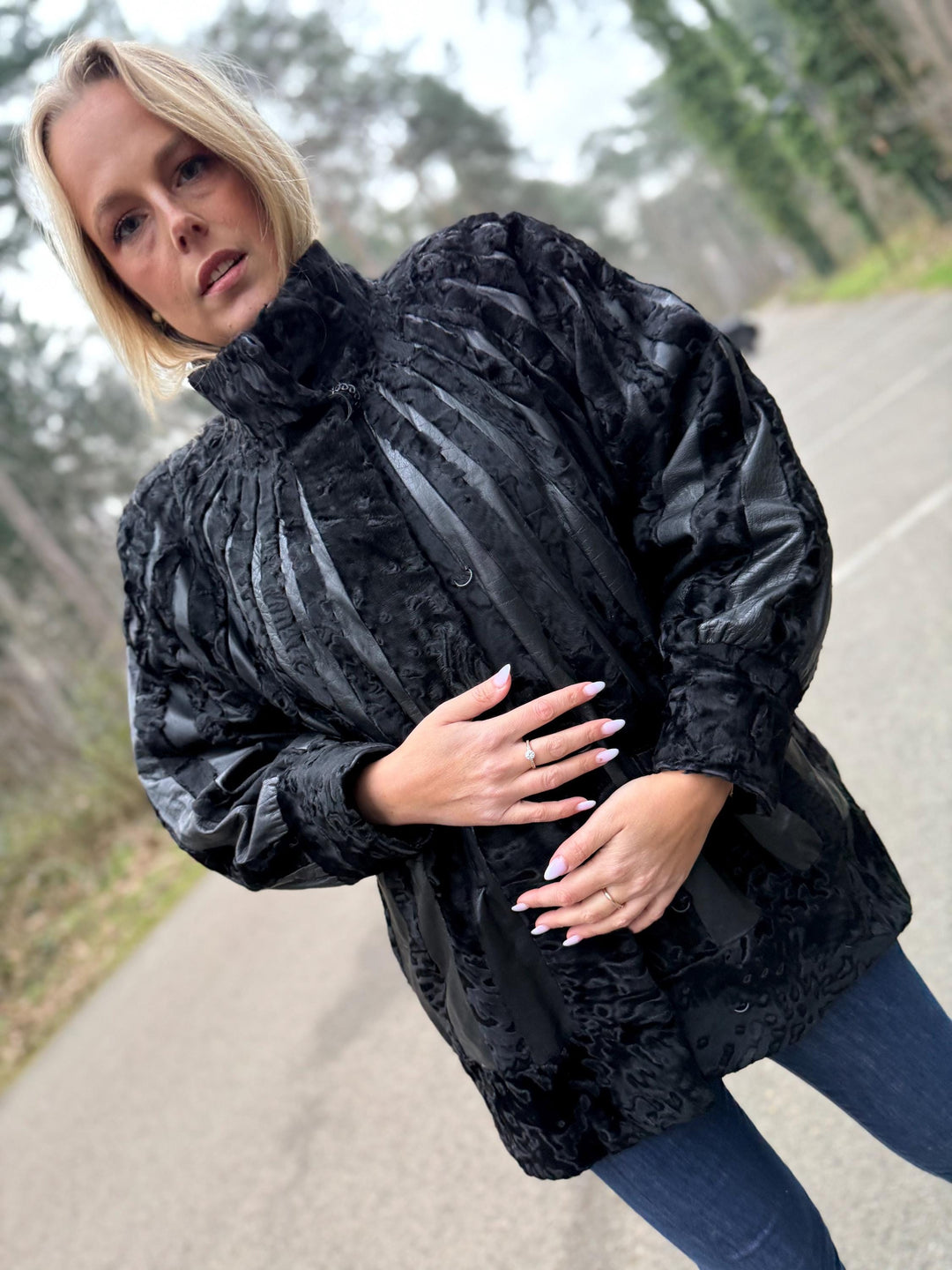 Black Swakara Astrakhan Jacket, Large Size, Genuine Astrakhan Fur with Leather, Classic & Elegant Style, Womens Fur Jacket, Vintage Fur Coat