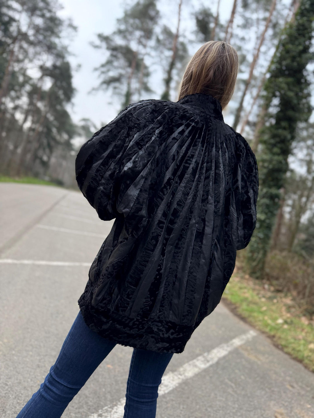Black Swakara Astrakhan Jacket, Large Size, Genuine Astrakhan Fur with Leather, Classic & Elegant Style, Womens Fur Jacket, Vintage Fur Coat