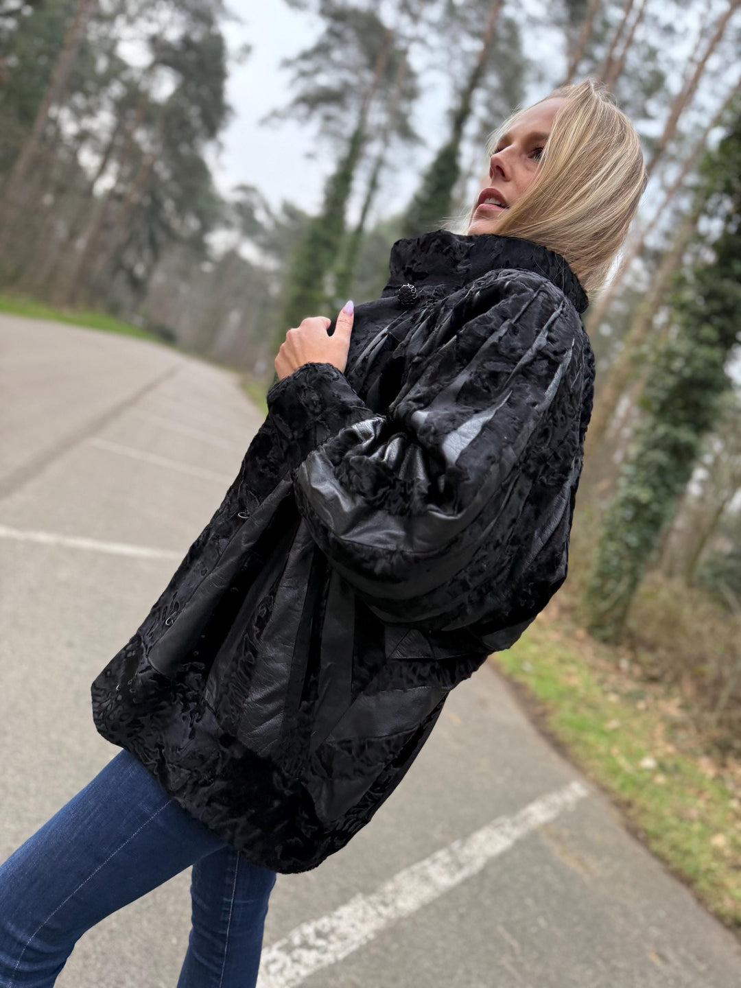 Black Swakara Astrakhan Jacket, Large Size, Genuine Astrakhan Fur with Leather, Classic & Elegant Style, Womens Fur Jacket, Vintage Fur Coat