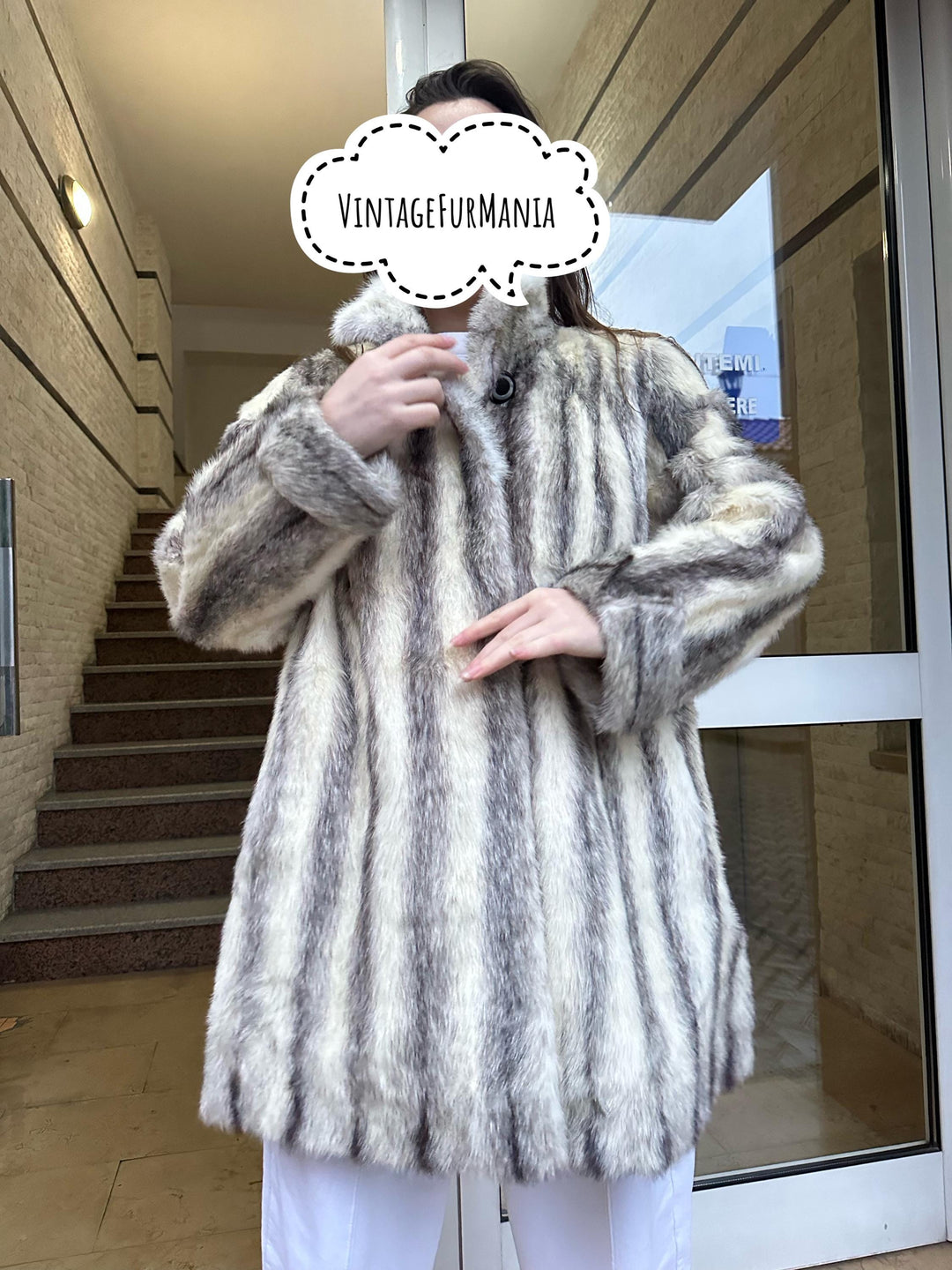 Cross Mink Fur Jacket, L/XL Size, Swinger Style, Real Mink Fur in White and Grey Design, Luxurious & Elegant, Vintage Fur Jacket, Real Mink