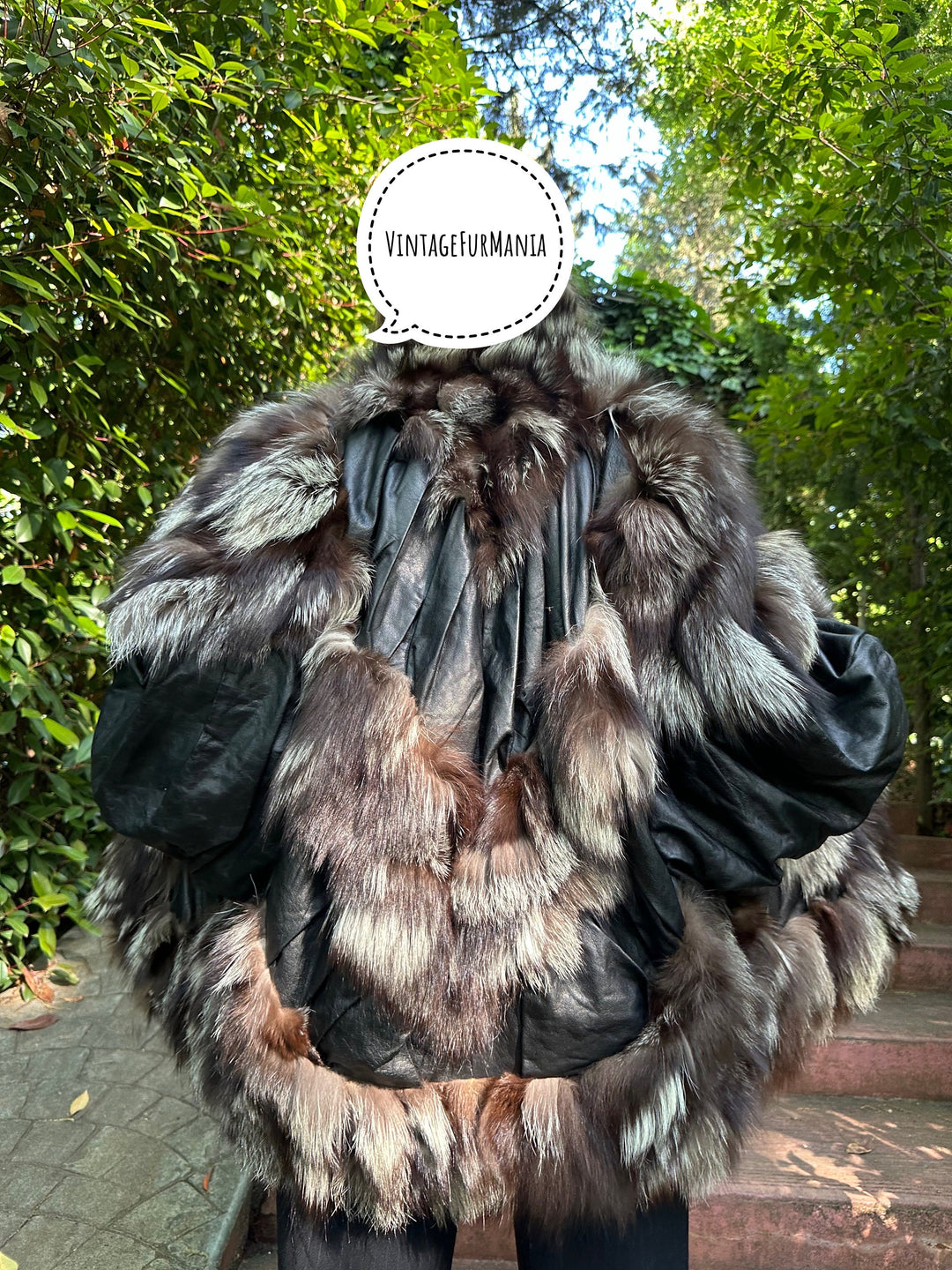 Silver fox fur coat with black leather, XL real fur coat, vintage fur coat, leather fox coat, fox coat, fur coat, pelzmantel, fox fur coat