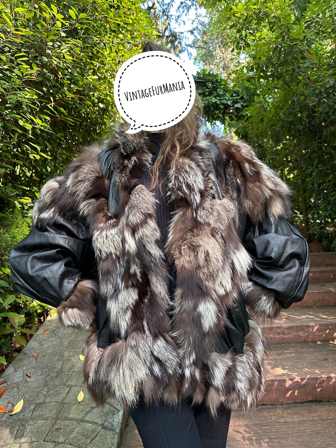 Silver fox fur coat with black leather, XL real fur coat, vintage fur coat, leather fox coat, fox coat, fur coat, pelzmantel, fox fur coat