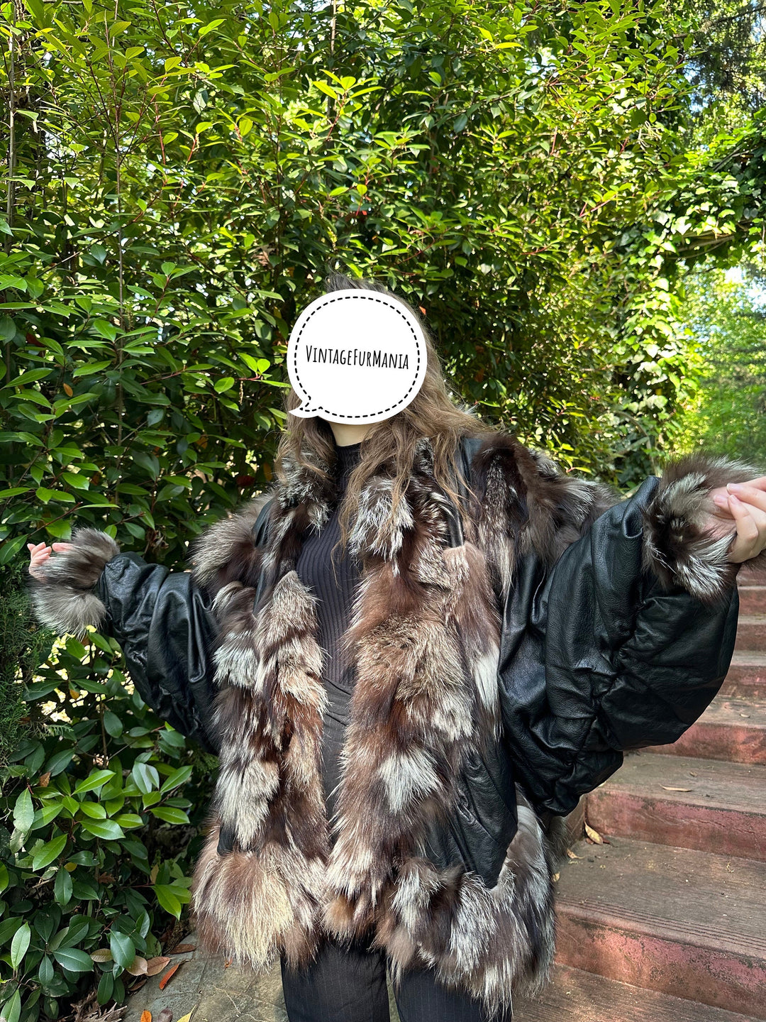 Silver fox fur coat with black leather, XL real fur coat, vintage fur coat, leather fox coat, fox coat, fur coat, pelzmantel, fox fur coat