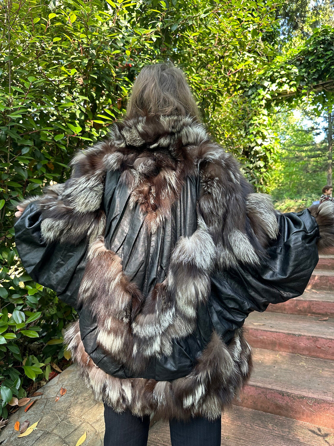 Silver fox fur coat with black leather, XL real fur coat, vintage fur coat, leather fox coat, fox coat, fur coat, pelzmantel, fox fur coat