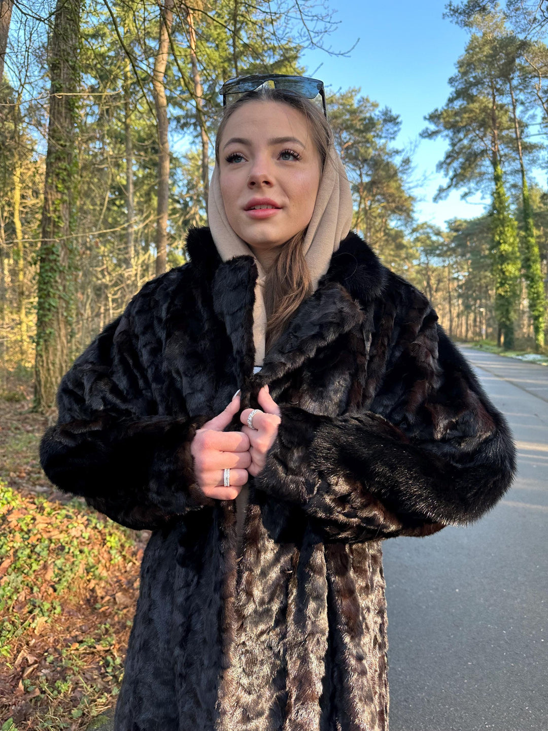 Dark Brown Mink Fur Coat with Full Black Mink Pelt Over Arms, XL Size, Long and Luxurious Fur Coat, Vintage Style, Elegant Women's Outerwear