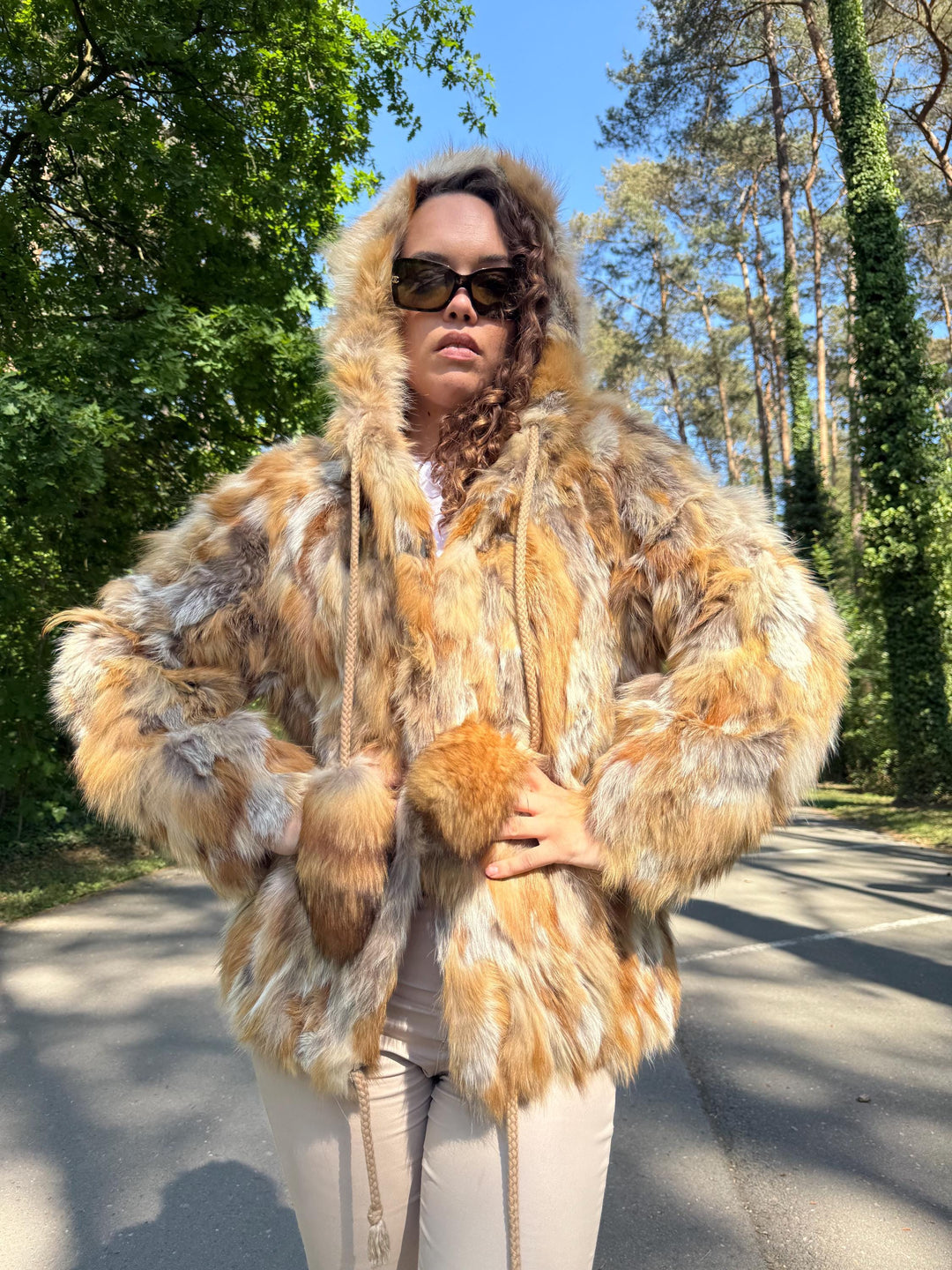 Hooded Medium Red Fox Fur Coat with Golden Lining, Real Fox Fur, Soft Fur, Vintage Style Women's Outerwear, Red Fox Fur Coat, Fox Fur Coat