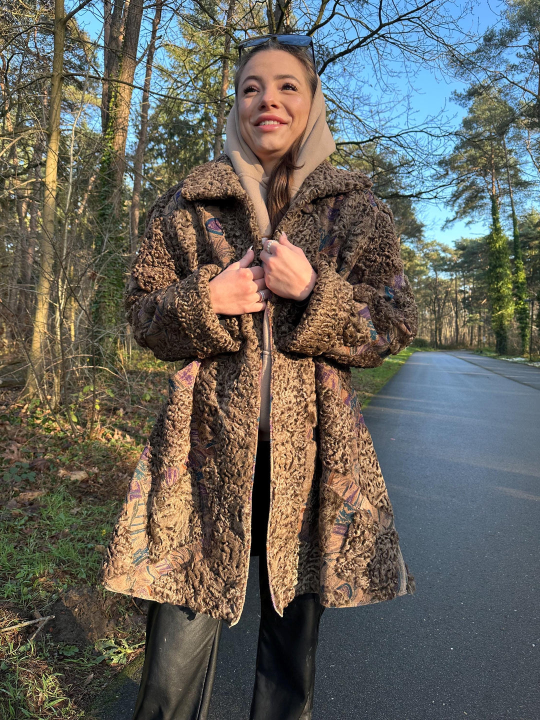 Astrakhan Mink Fur Coat with Designed Leather, XXL Size, Golden Brown Color, Soft and Rare Find, Great Condition, Luxurious Womens Outerwear