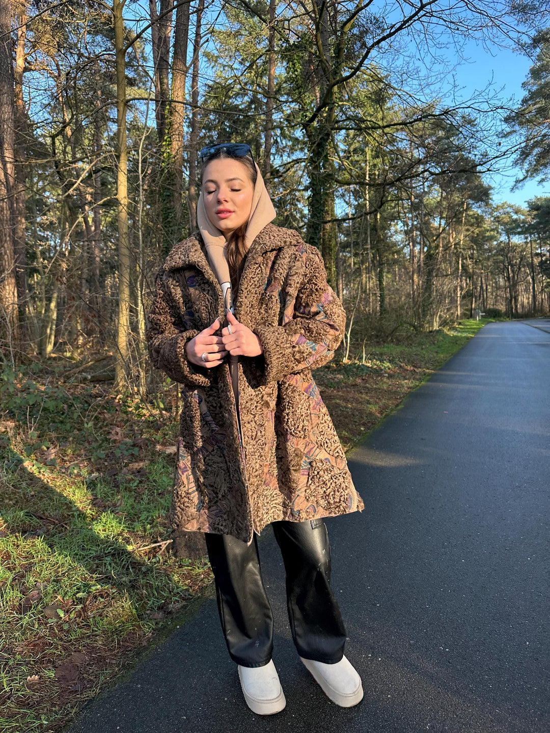Astrakhan Mink Fur Coat with Designed Leather, XXL Size, Golden Brown Color, Soft and Rare Find, Great Condition, Luxurious Womens Outerwear