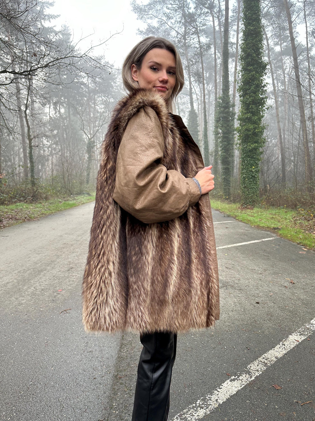 Raccoon Fur Coat with Leather, XL Size, Unique and Eye-Catching Style, Luxurious Real Raccoon Fur in Brown Color, Premium Women's Outerwear