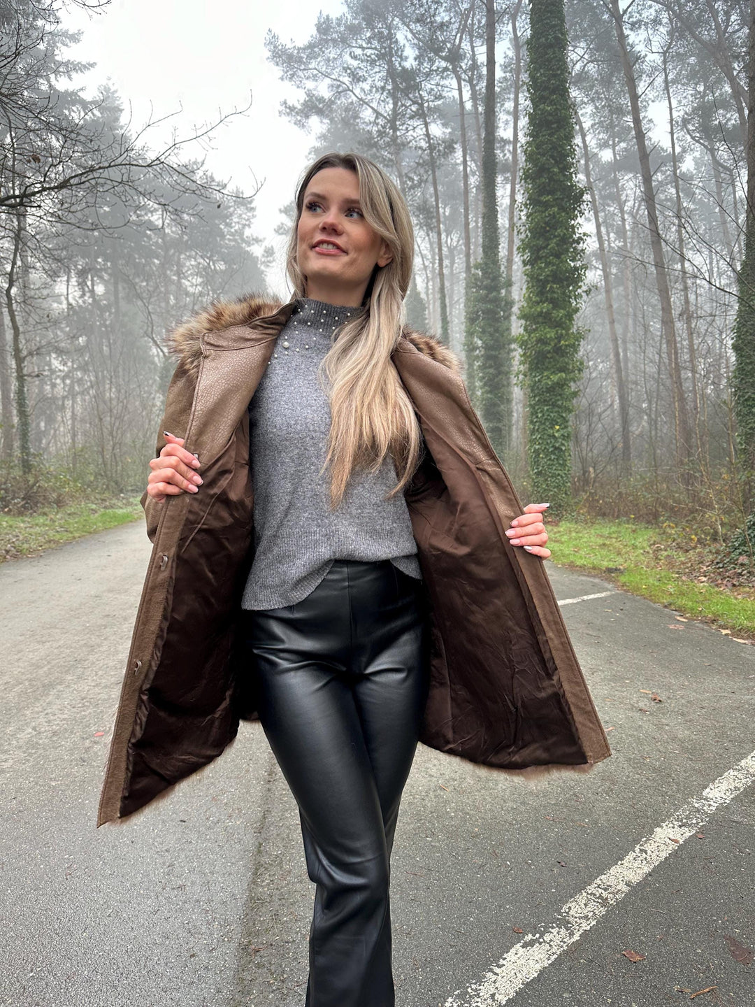 Raccoon Fur Coat with Leather, XL Size, Unique and Eye-Catching Style, Luxurious Real Raccoon Fur in Brown Color, Premium Women's Outerwear