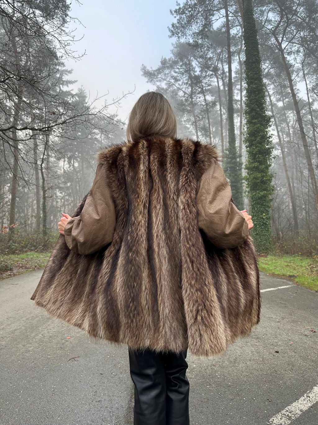 Raccoon Fur Coat with Leather, XL Size, Unique and Eye-Catching Style, Luxurious Real Raccoon Fur in Brown Color, Premium Women's Outerwear