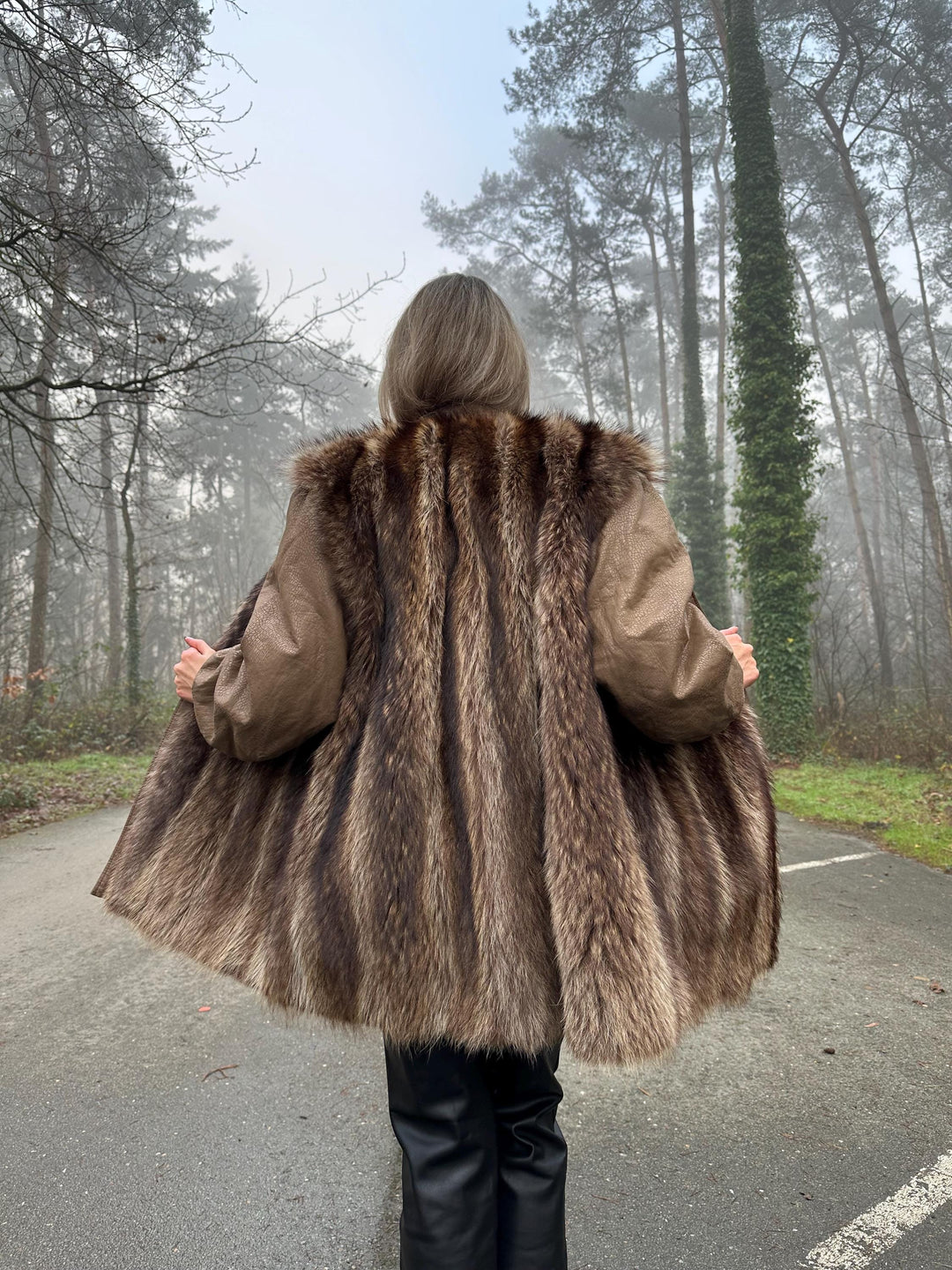 Raccoon Fur Coat with Leather, XL Size, Unique and Eye-Catching Style, Luxurious Real Raccoon Fur in Brown Color, Premium Women's Outerwear