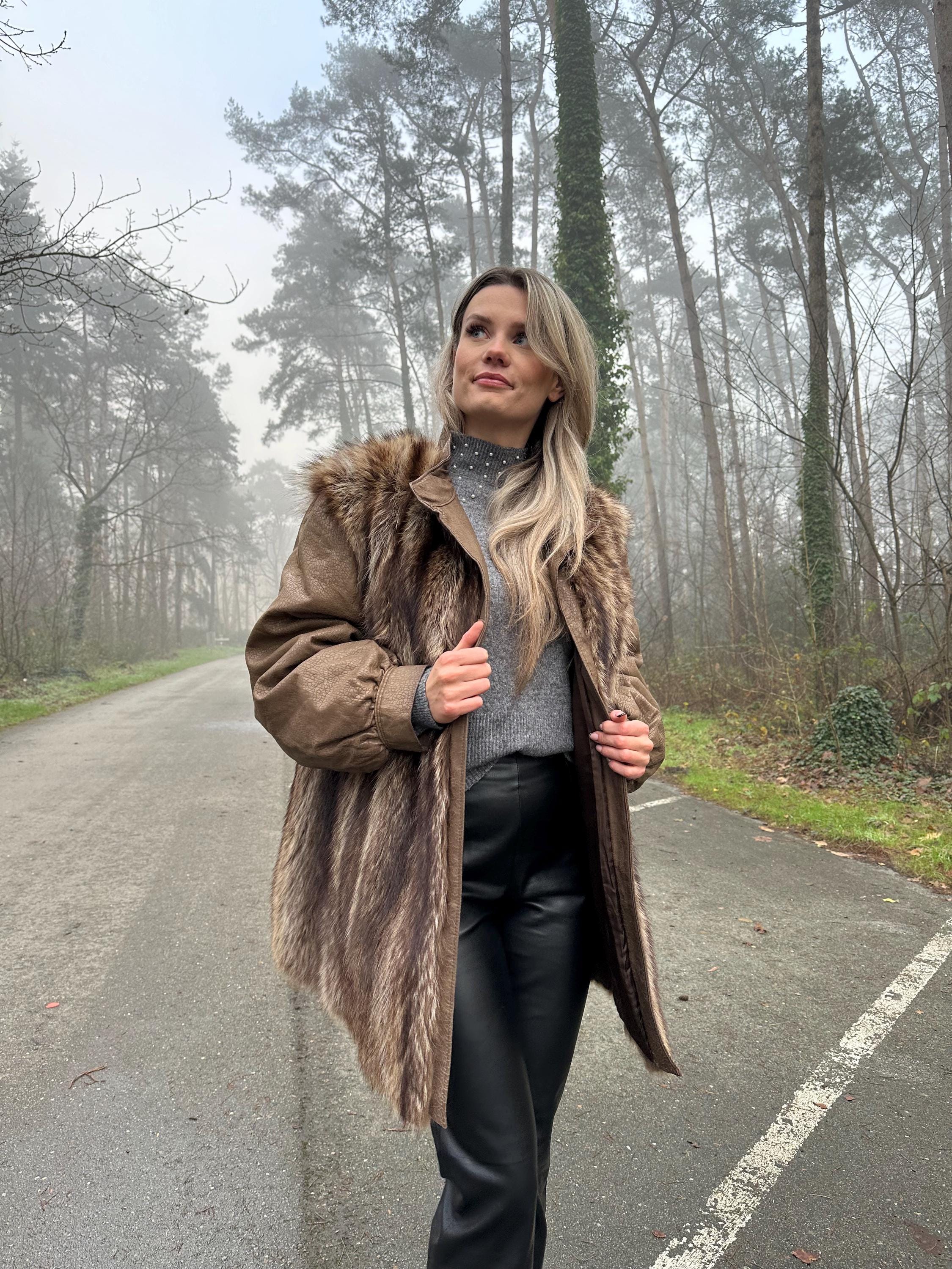 Raccoon Fur Coat with Leather, XL Size, Unique and Eye-Catching Style, Luxurious Real Raccoon Fur in Brown Color, Premium Women's Outerwear