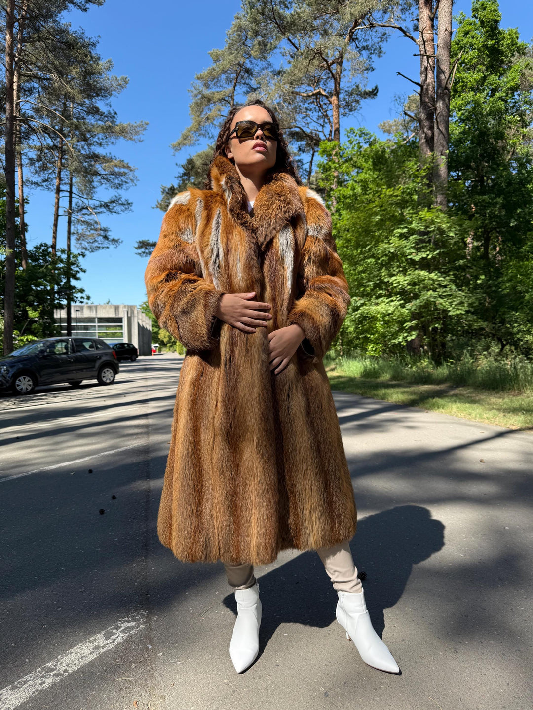 Full-Length Red Fox Fur Coat with Golden Lining, L Size, Real Fox Fur, Vintage Style, Luxury Women's Fur Coat, Elegant Outerwear, Warm Coat