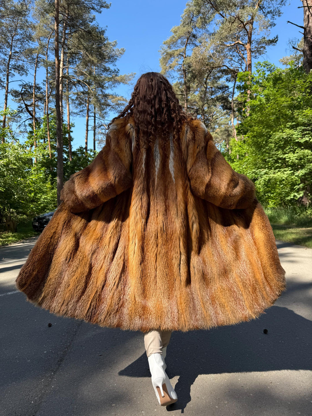 Full-Length Red Fox Fur Coat with Golden Lining, L Size, Real Fox Fur, Vintage Style, Luxury Women's Fur Coat, Elegant Outerwear, Warm Coat