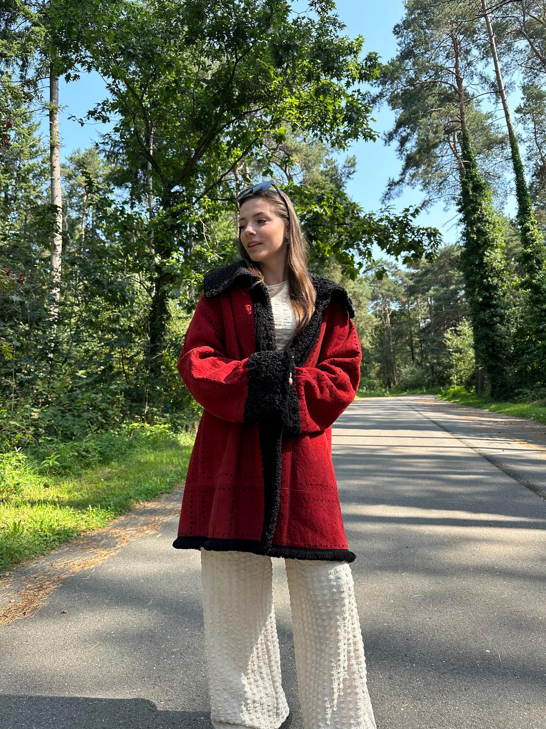 Designer Double-Sided Astrakhan and Red Leather Fur Coat, XXL Size, Luxurious and Warm Fur Coat, Real Fur Coat, Perfect for Winter Style