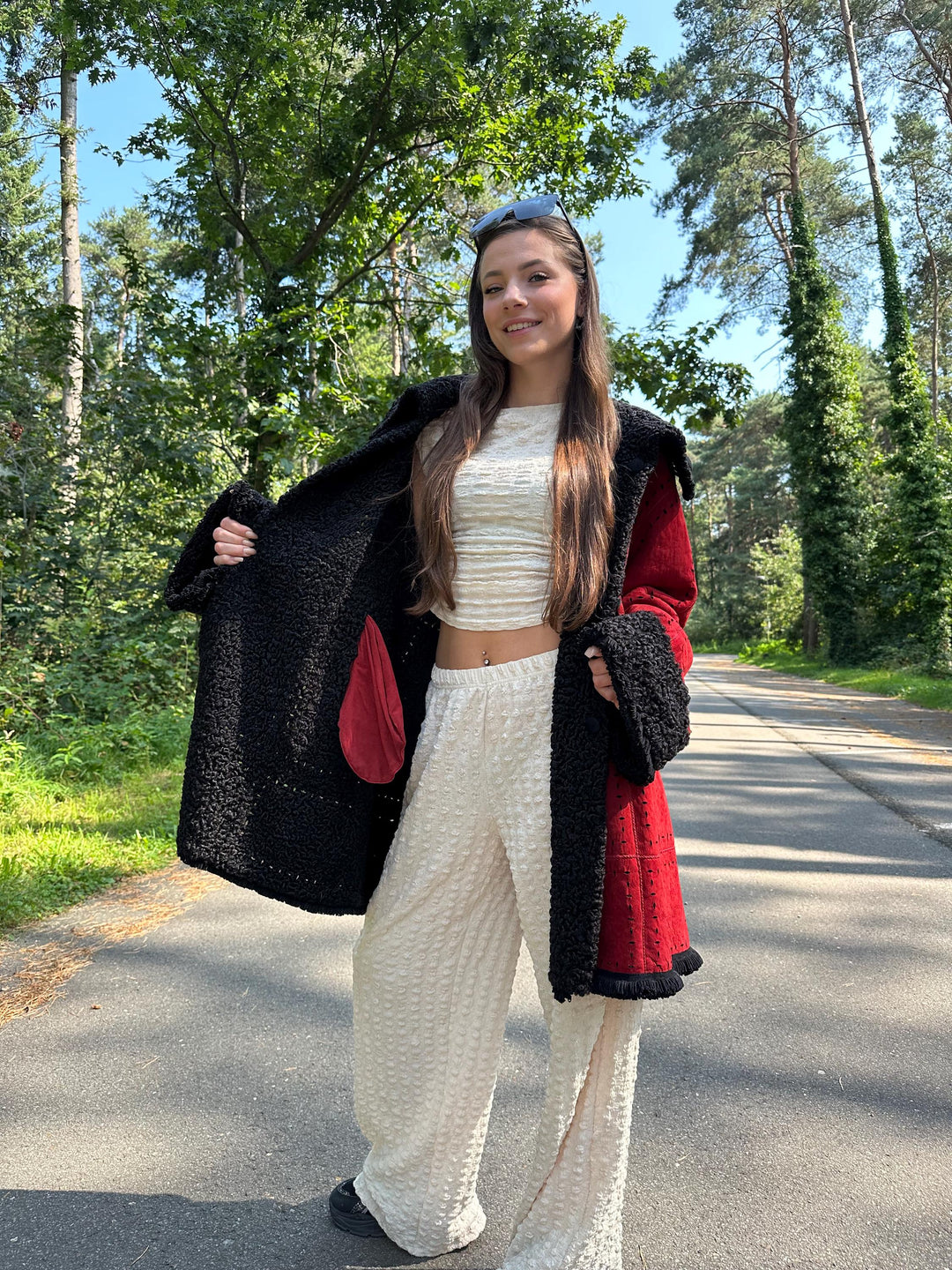 Designer Double-Sided Astrakhan and Red Leather Fur Coat, XXL Size, Luxurious and Warm Fur Coat, Real Fur Coat, Perfect for Winter Style