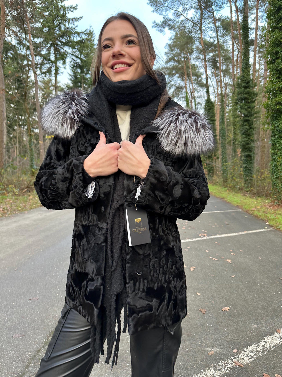 New Black Astrakhan Jacket with Silver Fox Fur Collar, Small Size, Genuine Astrakhan Fur, Made in Greece, Luxury Women's Fur Jacket, Vintage