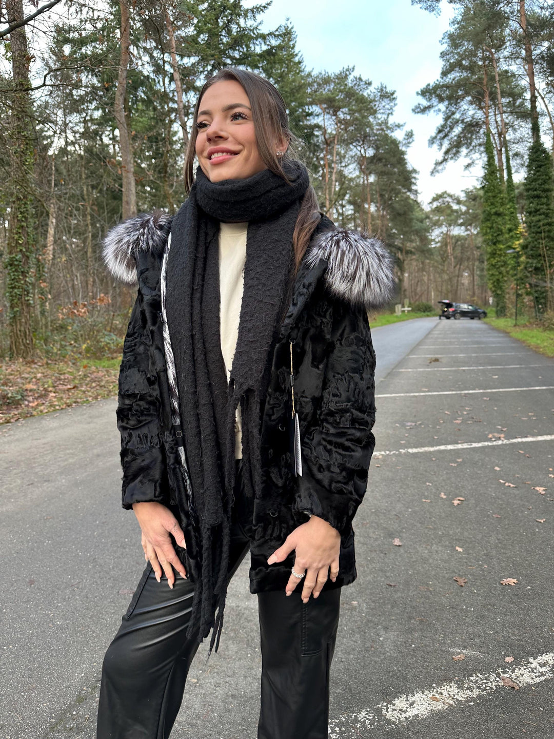 New Black Astrakhan Jacket with Silver Fox Fur Collar, Small Size, Genuine Astrakhan Fur, Made in Greece, Luxury Women's Fur Jacket, Vintage