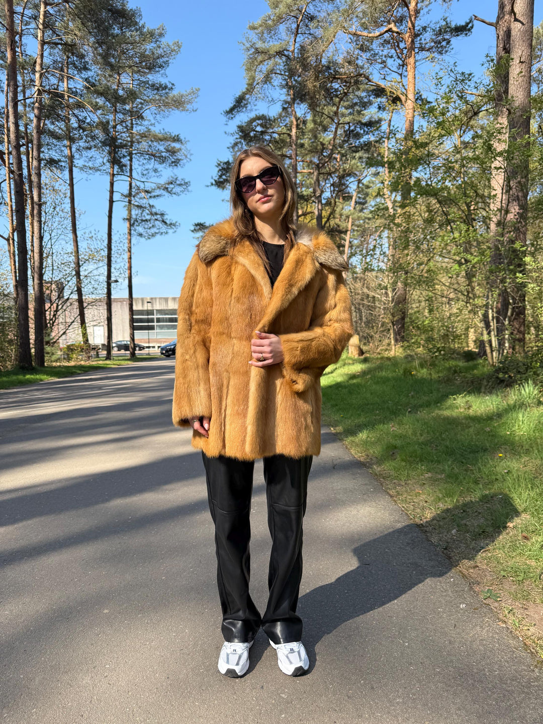 Golden Mink Fur Jacket with Soft Fox Fur Collar, Medium Size, High-Quality Fur, Luxurious and Elegant Women's Outerwear, Genuine Fox & Mink