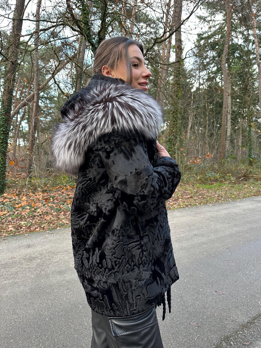 New Black Astrakhan Jacket with Silver Fox Fur Collar, Small Size, Genuine Astrakhan Fur, Made in Greece, Luxury Women's Fur Jacket, Vintage