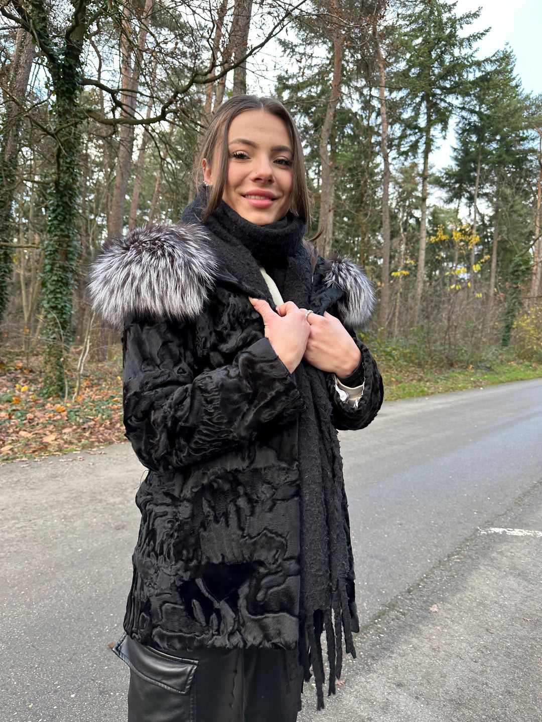 New Black Astrakhan Jacket with Silver Fox Fur Collar, Small Size, Genuine Astrakhan Fur, Made in Greece, Luxury Women's Fur Jacket, Vintage