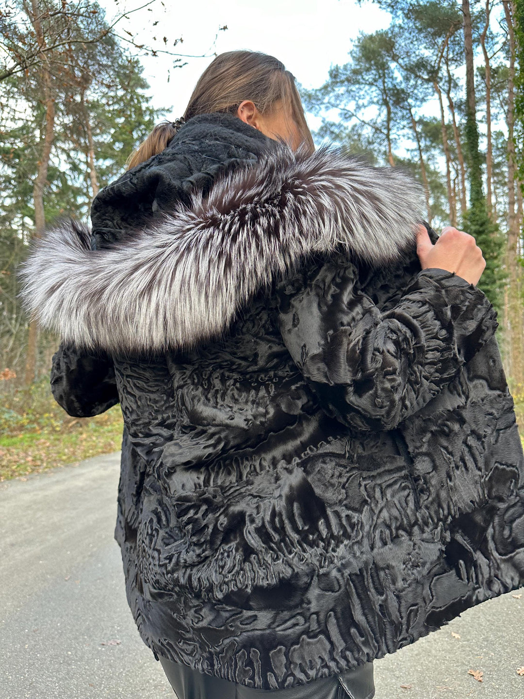 New Black Astrakhan Jacket with Silver Fox Fur Collar, Small Size, Genuine Astrakhan Fur, Made in Greece, Luxury Women's Fur Jacket, Vintage