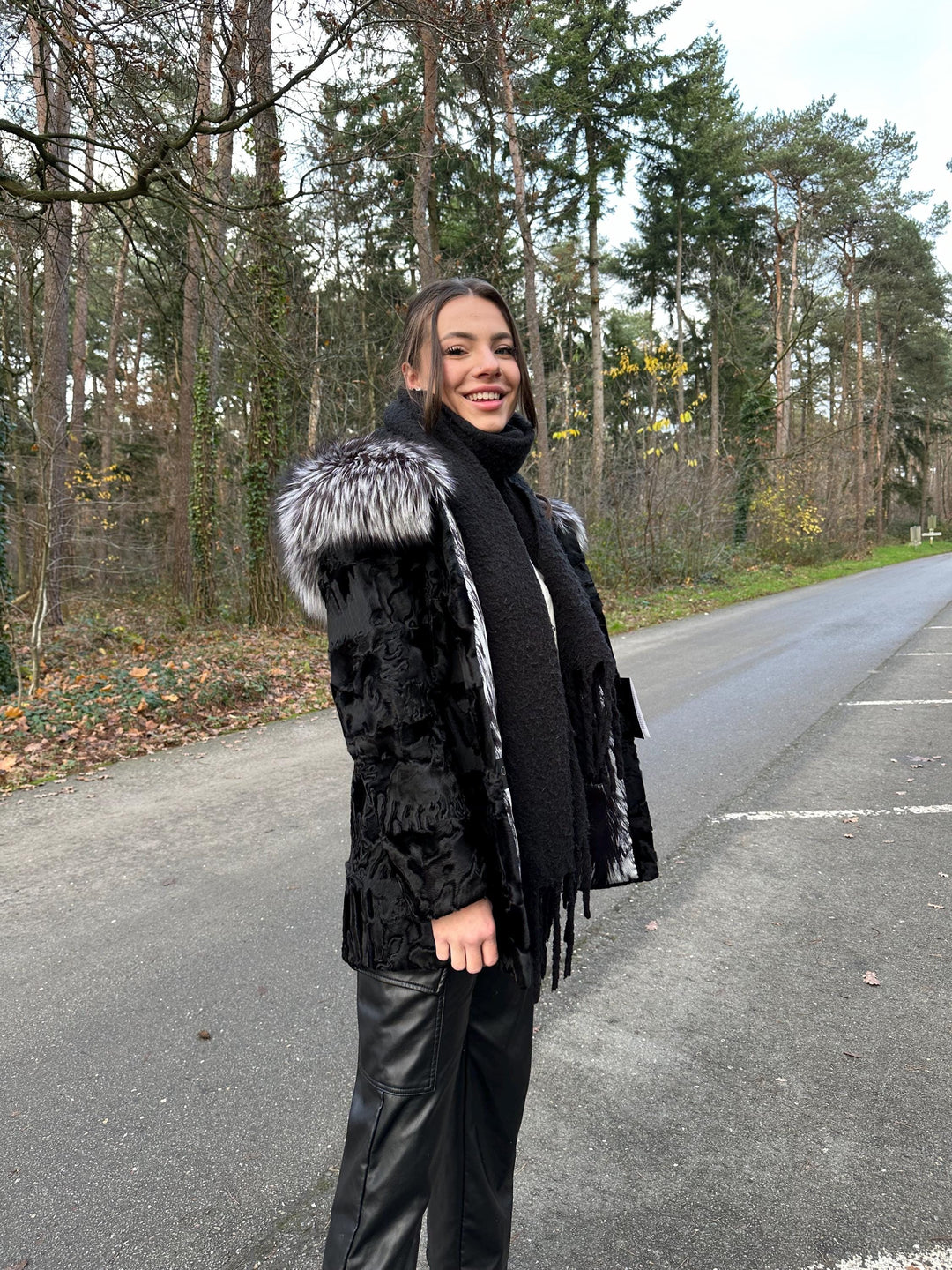 New Black Astrakhan Jacket with Silver Fox Fur Collar, Small Size, Genuine Astrakhan Fur, Made in Greece, Luxury Women's Fur Jacket, Vintage