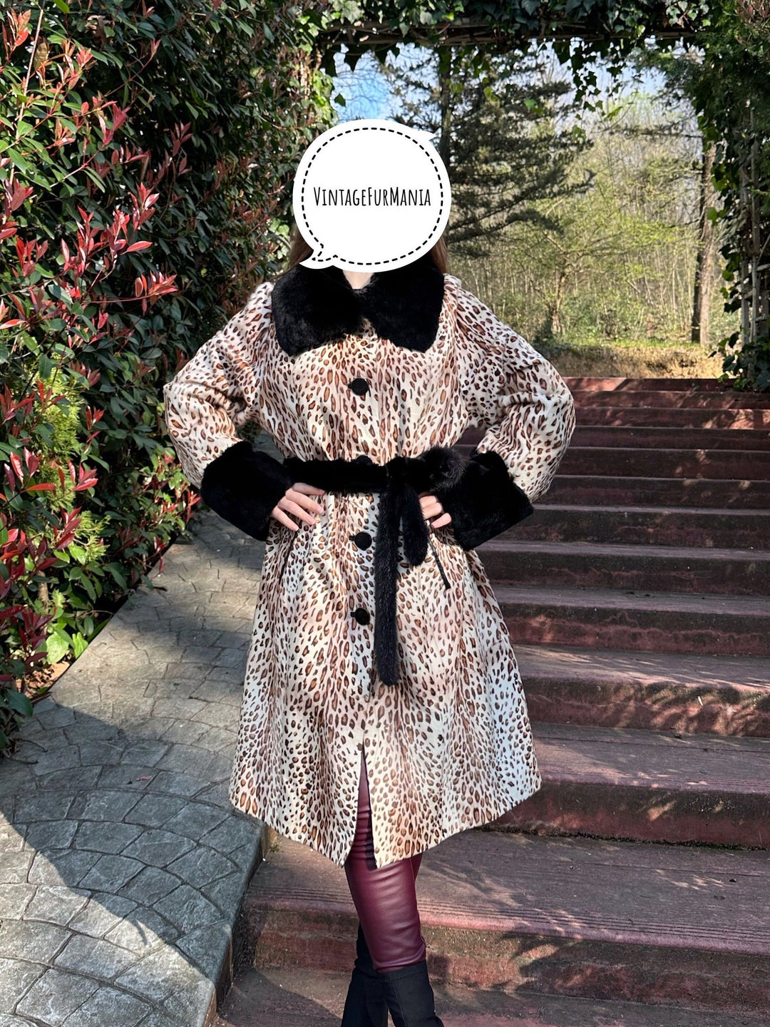 Luxury Fur Coat Women Lambskin Fur, Printed Lynx Patter in Lambskin fur coat with Rex rabbit fur collar, real fur coat, Excellent XL fur