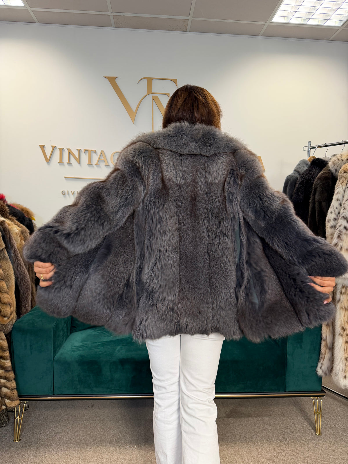 Blue Dyed Fox Fur Jacket, Short, Fits S XS
