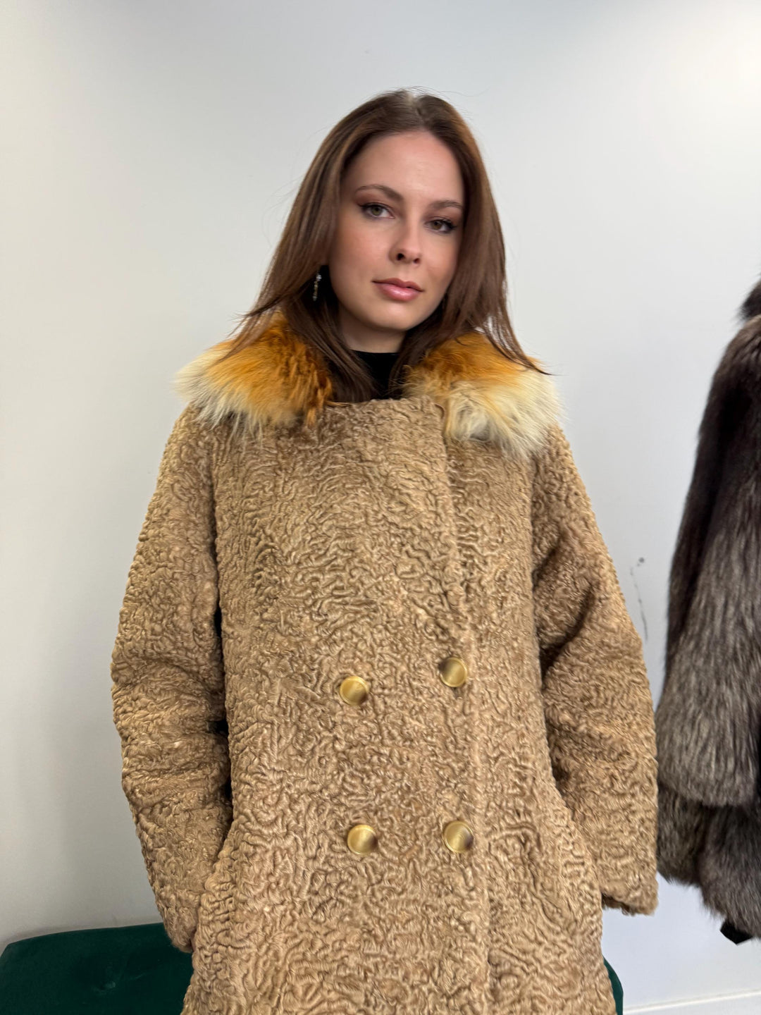 Beige Astrakhan Fur Coat, Small Size, Women's Fur Coat, Red Fox Fur Collar, Real Astrakhan Fur, Real Fur Coat, Vintage Fur Coat, Thick Fur