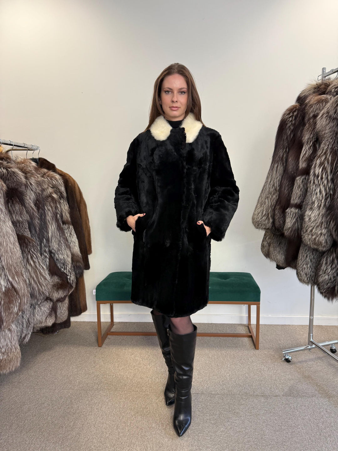 Sheared Rabbit Fur Coat, Mink Fur Collar, Medium Size, Black Rabbit Fur Coat, Thick Fur Coat, Soft Fur Coat, Vintage Fur Coat, Women's Coat