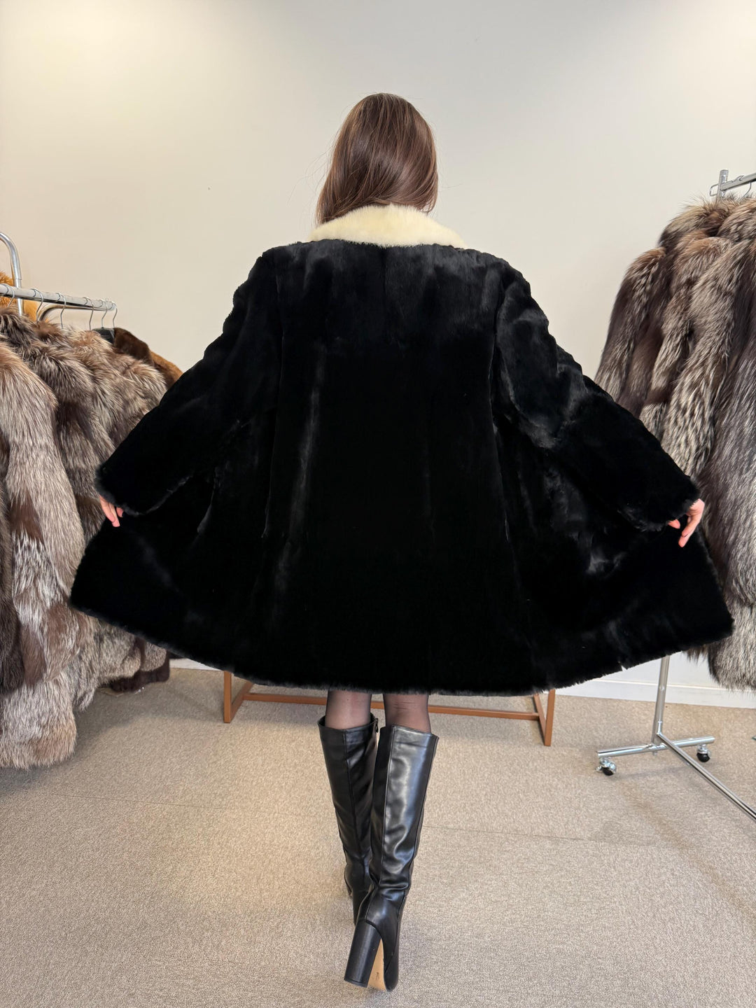 Sheared Rabbit Fur Coat, Mink Fur Collar, Medium Size, Black Rabbit Fur Coat, Thick Fur Coat, Soft Fur Coat, Vintage Fur Coat, Women's Coat