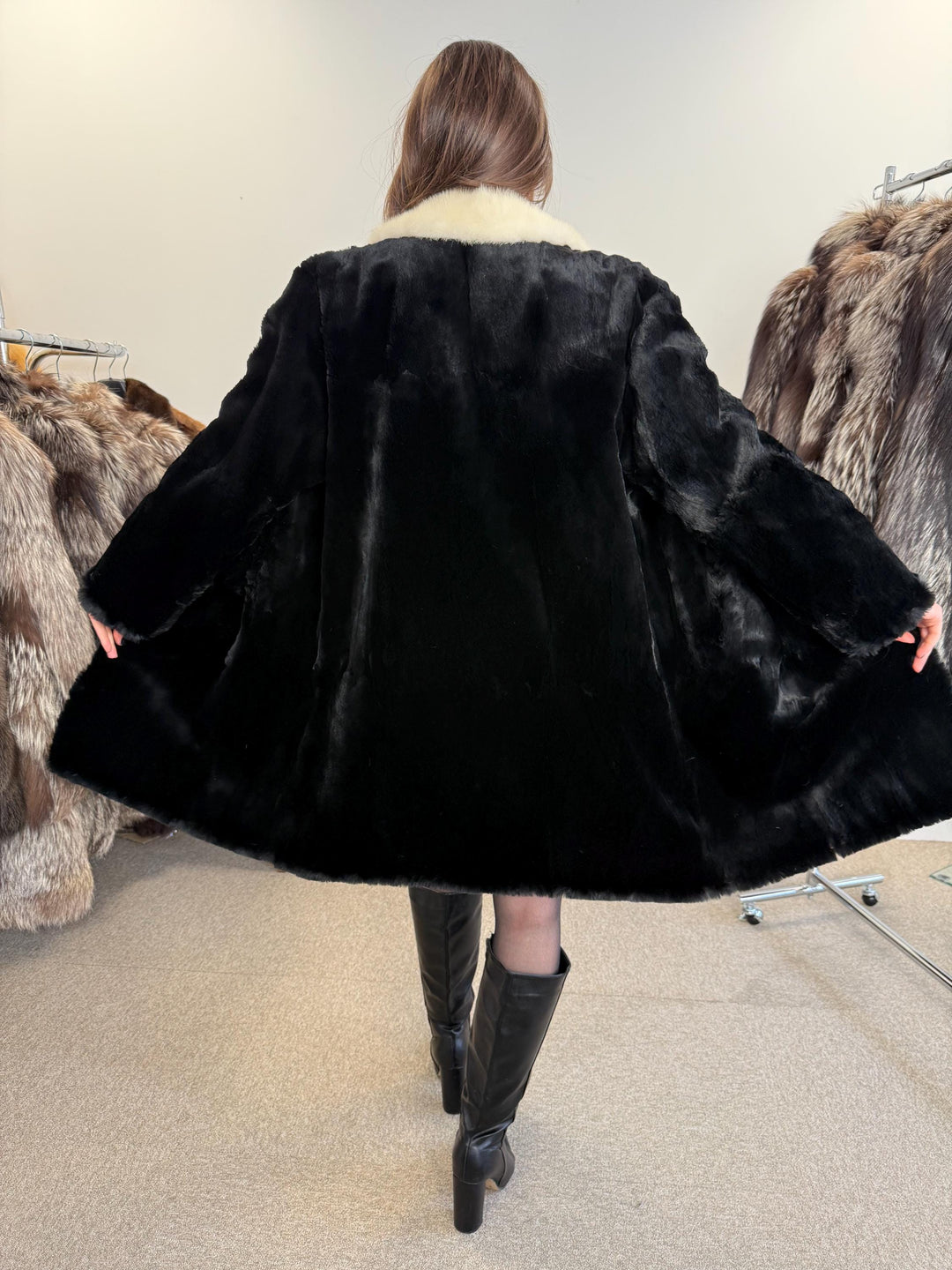Sheared Rabbit Fur Coat, Mink Fur Collar, Medium Size, Black Rabbit Fur Coat, Thick Fur Coat, Soft Fur Coat, Vintage Fur Coat, Women's Coat