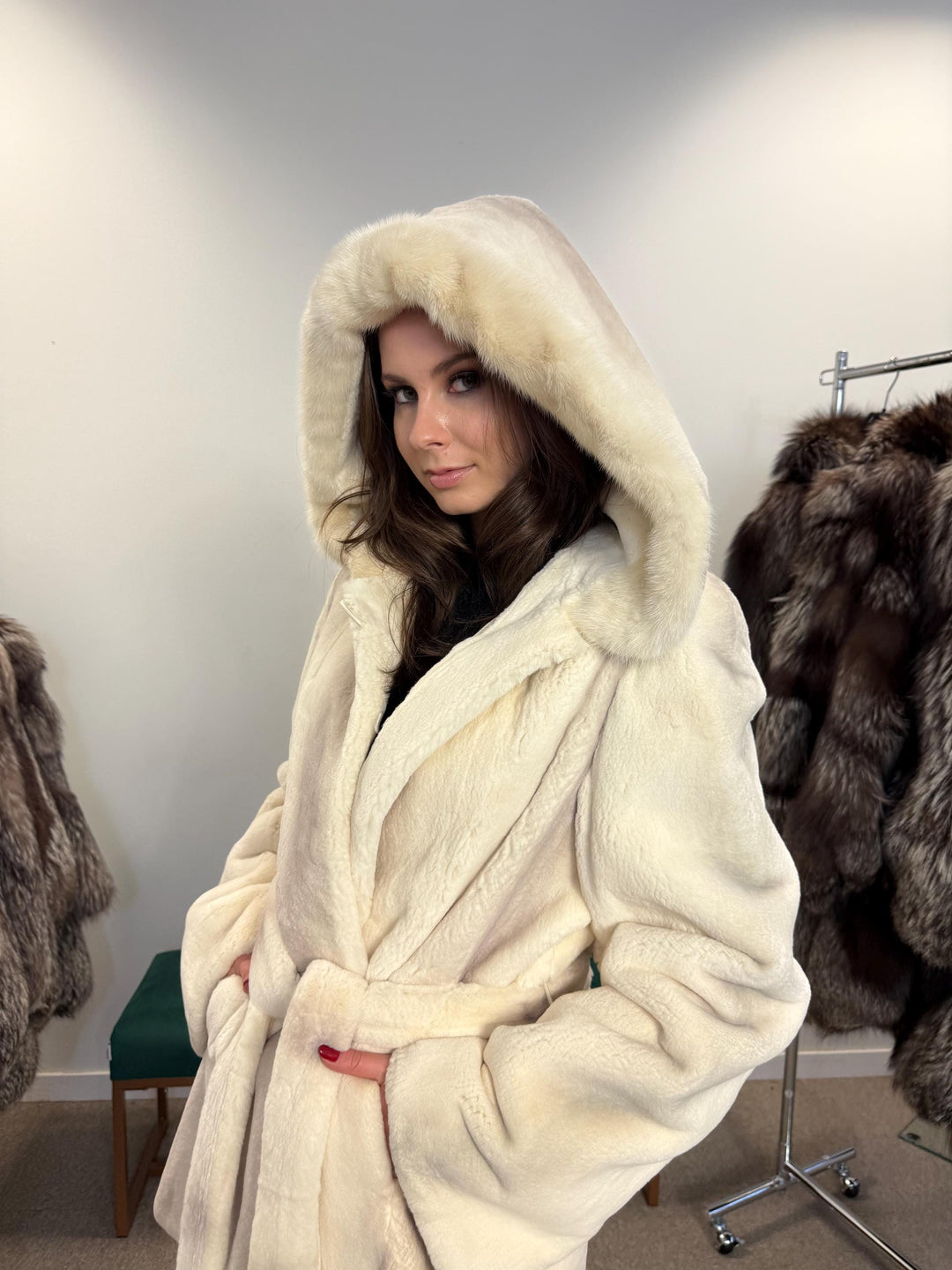 Sheared Rex Rabbit with Mink Fur Coat, Large Size, White Rabbit Fur Coat, White Mink Fur Coat, Vintage Fur Coat, Women's Coat, New Fur Coat