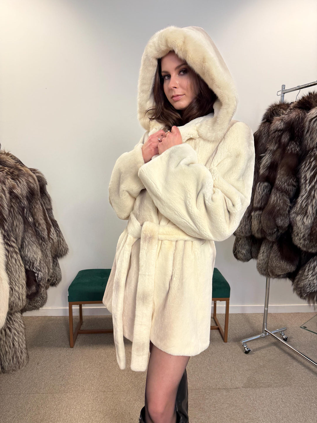 Sheared Rex Rabbit with Mink Fur Coat, Large Size, White Rabbit Fur Coat, White Mink Fur Coat, Vintage Fur Coat, Women's Coat, New Fur Coat