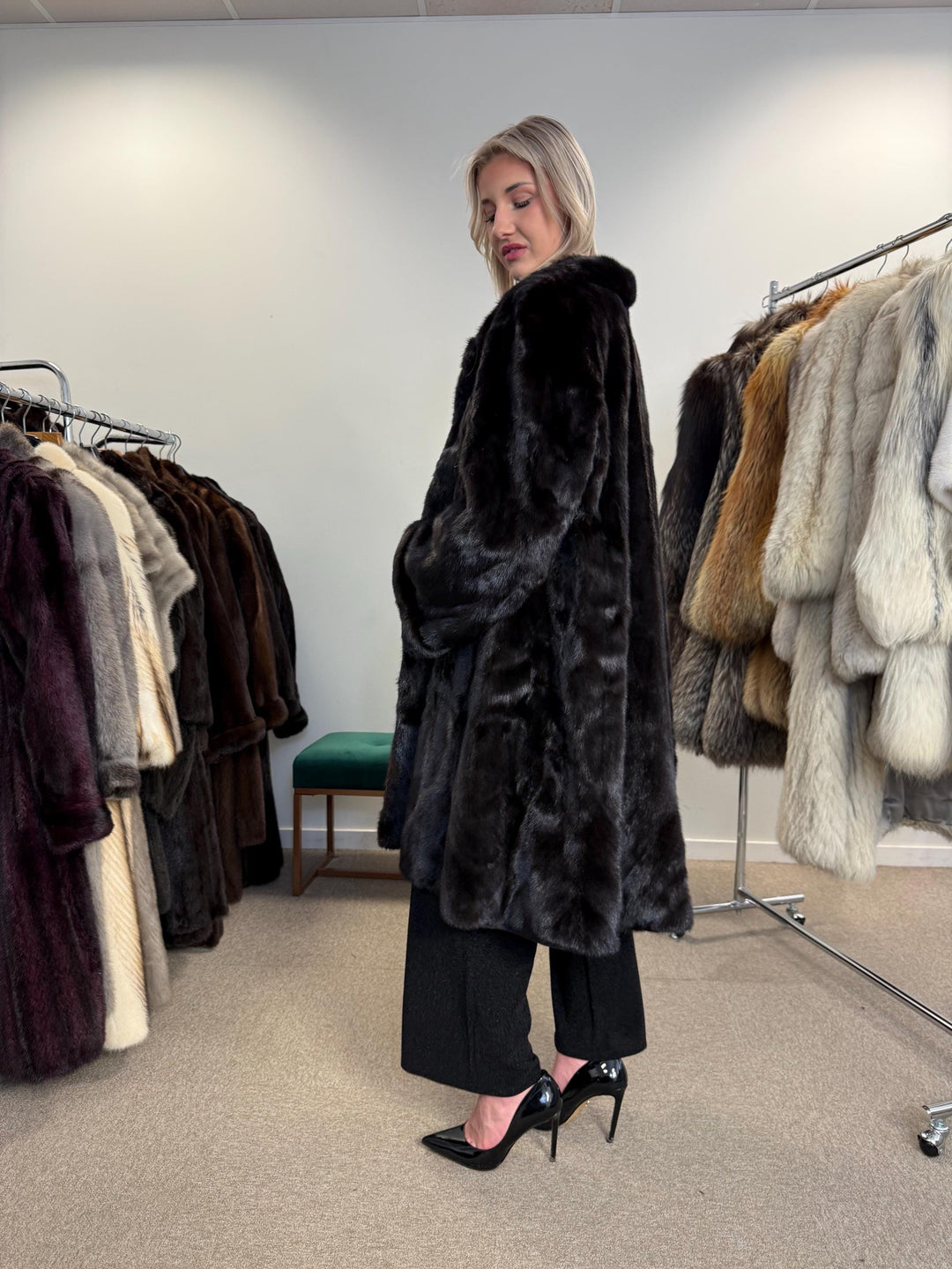 Superb Ranched Saga Mink Fur Coat, black mink coat, one size 4XL, Premium High Quality Fur, Luxury Women's Fur Coat, swinger Thick Mink Fur