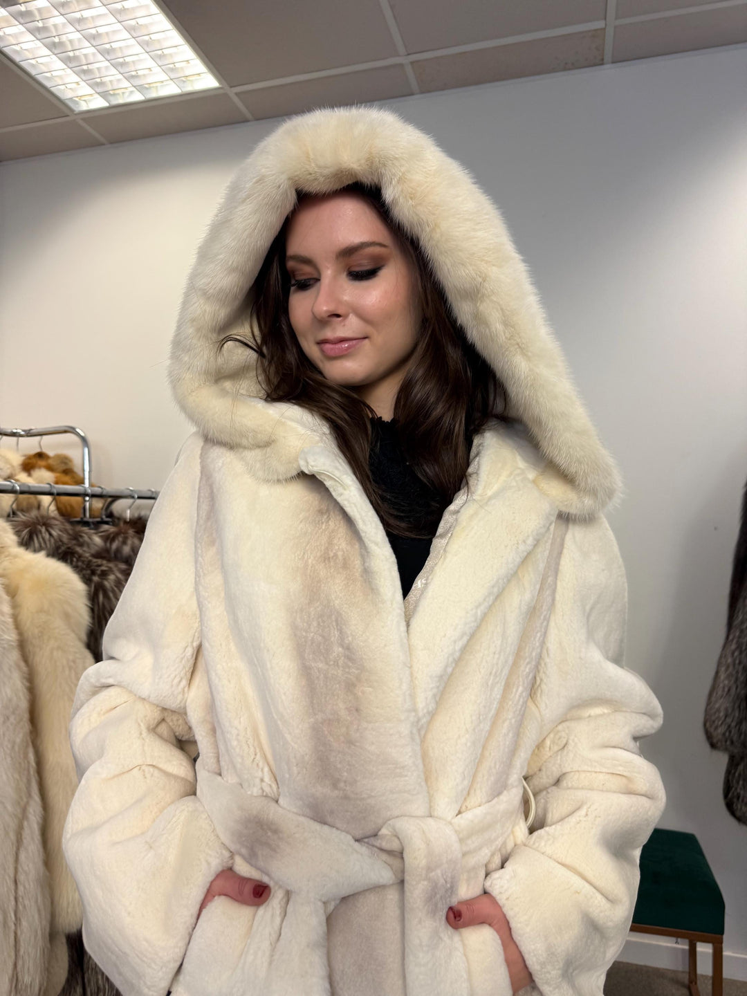 Sheared Rex Rabbit with Mink Fur Coat, Medium Size, White Rabbit Fur Coat, White Mink Fur Coat, Vintage Fur Coat, Women's Coat, New Fur Coat