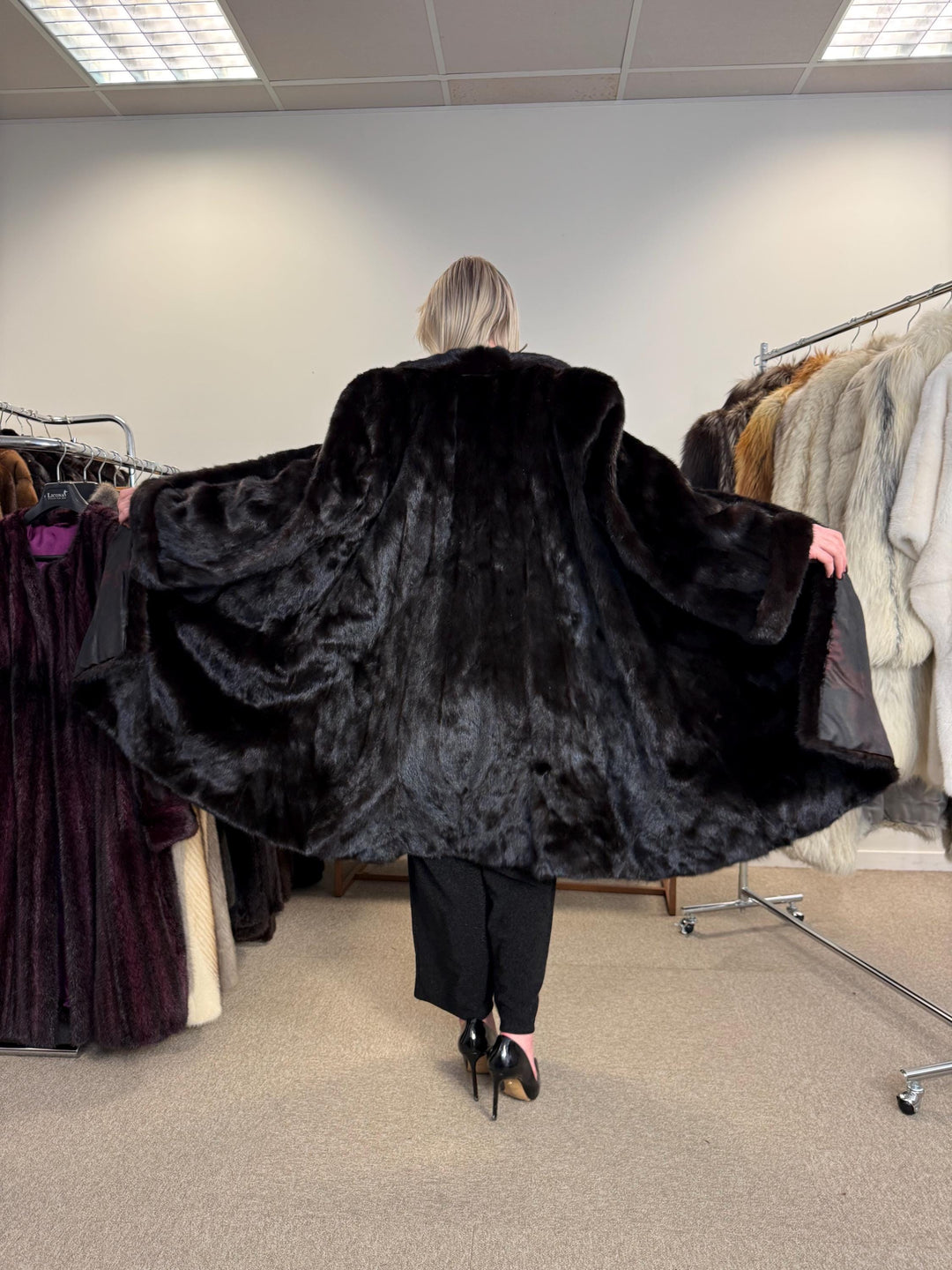 Superb Ranched Saga Mink Fur Coat, black mink coat, one size 4XL, Premium High Quality Fur, Luxury Women's Fur Coat, swinger Thick Mink Fur