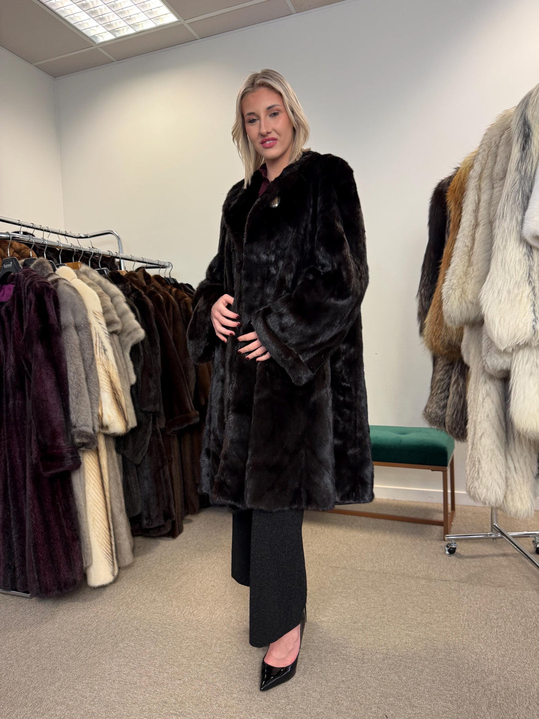 Superb Ranched Saga Mink Fur Coat, black mink coat, one size 4XL, Premium High Quality Fur, Luxury Women's Fur Coat, swinger Thick Mink Fur
