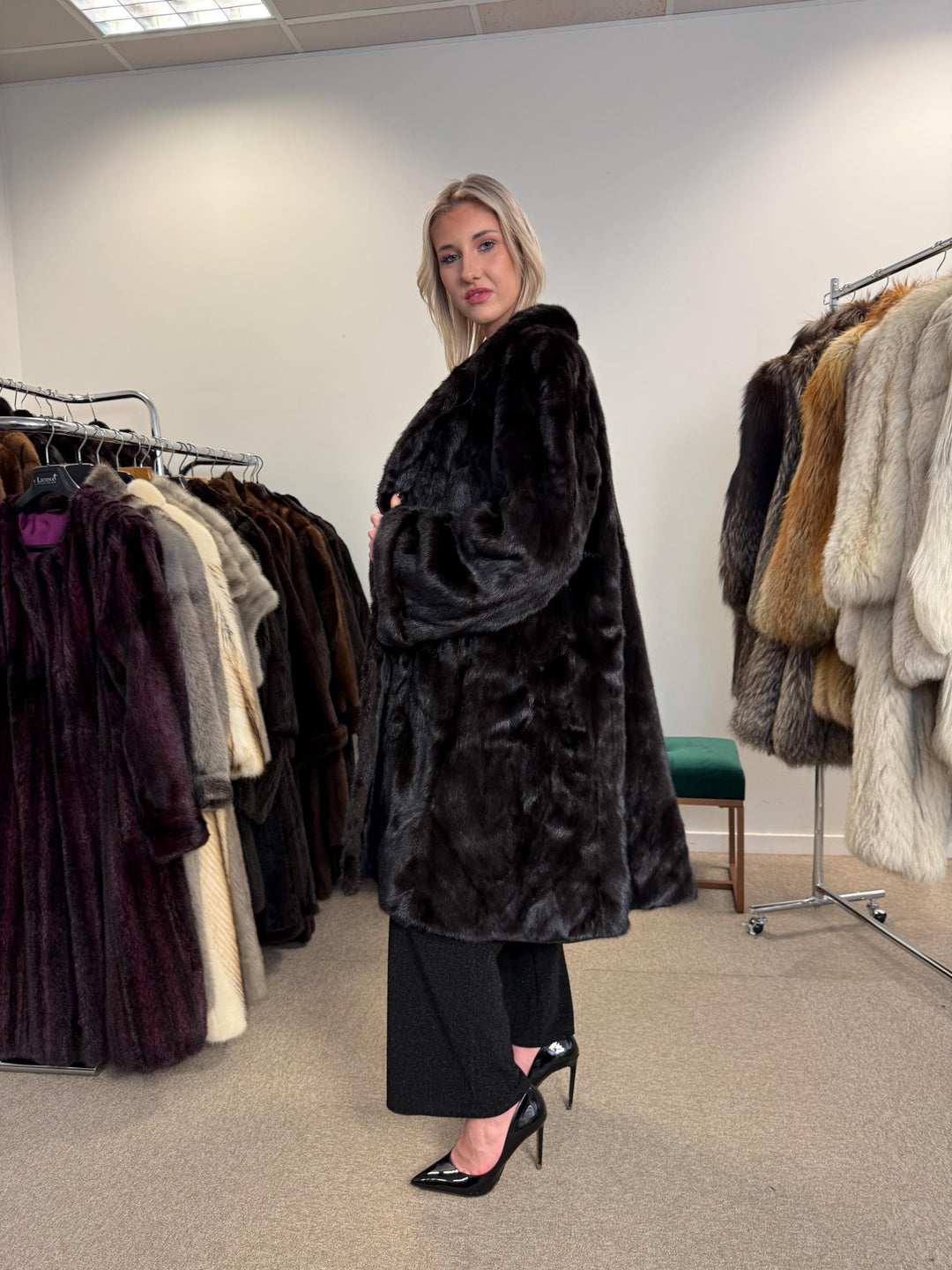 Superb Ranched Saga Mink Fur Coat, black mink coat, one size 4XL, Premium High Quality Fur, Luxury Women's Fur Coat, swinger Thick Mink Fur