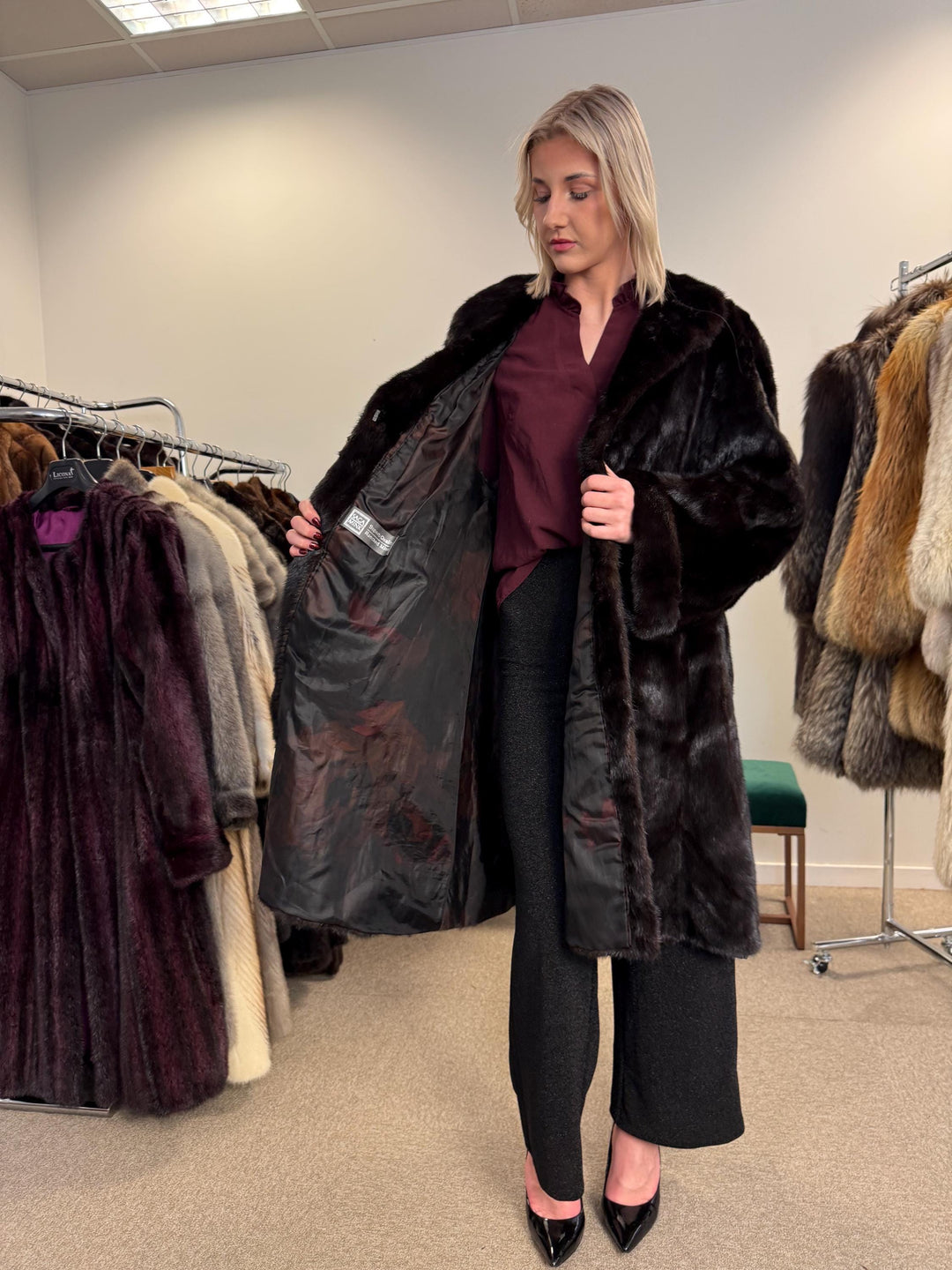 Superb Ranched Saga Mink Fur Coat, black mink coat, one size 4XL, Premium High Quality Fur, Luxury Women's Fur Coat, swinger Thick Mink Fur