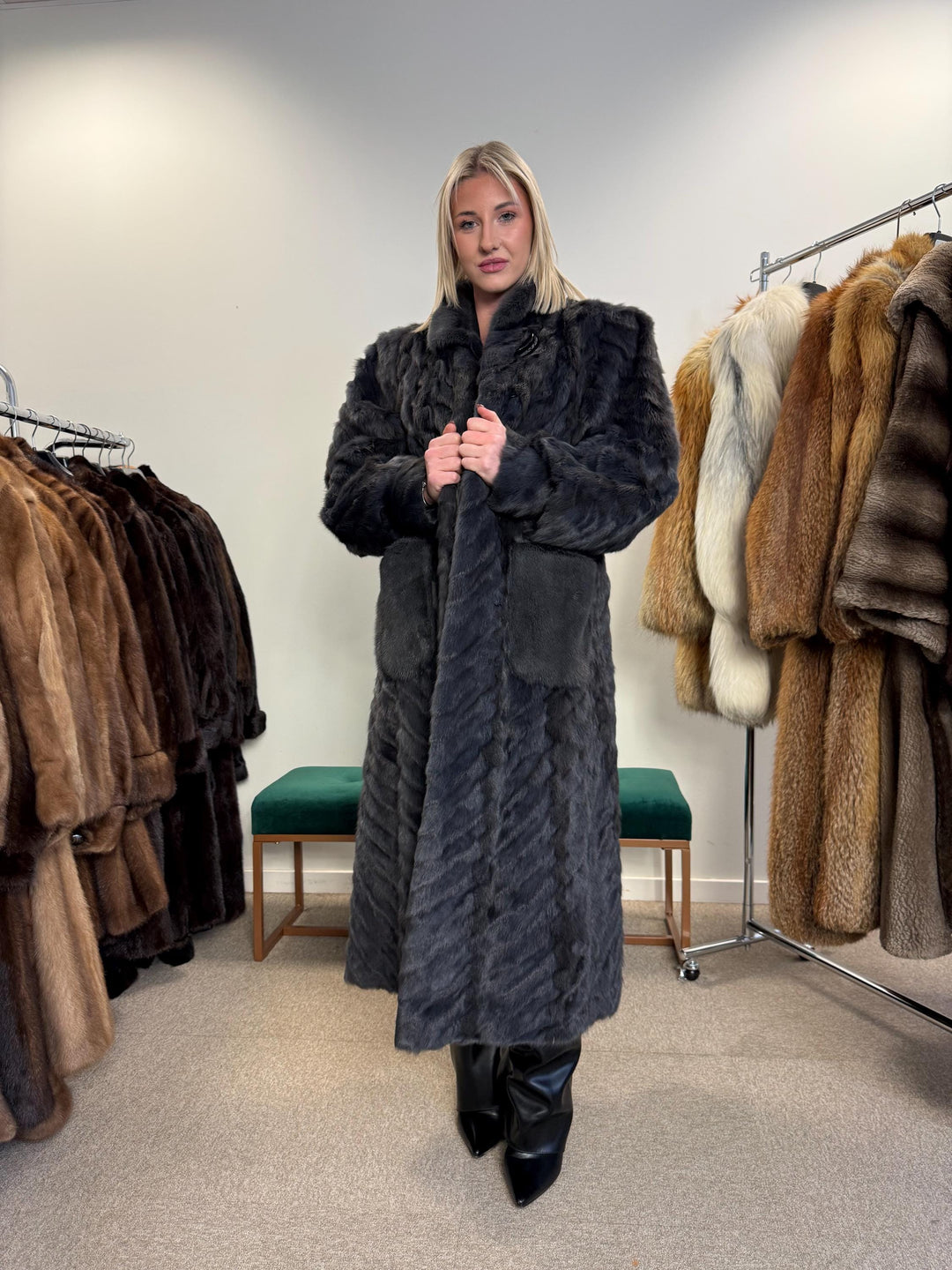 Dyed Mink & Rabbit Fur Coat, XXL Size, Blue Fur Coat, Vintage Fur Coat, Real Fur Coat, Long Fur Coat, Women's Fur Coat, Rabbit Fur Coat