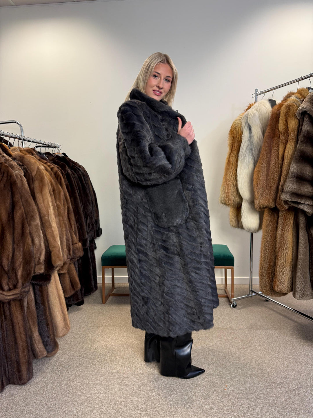 Dyed Mink & Rabbit Fur Coat, XXL Size, Blue Fur Coat, Vintage Fur Coat, Real Fur Coat, Long Fur Coat, Women's Fur Coat, Rabbit Fur Coat