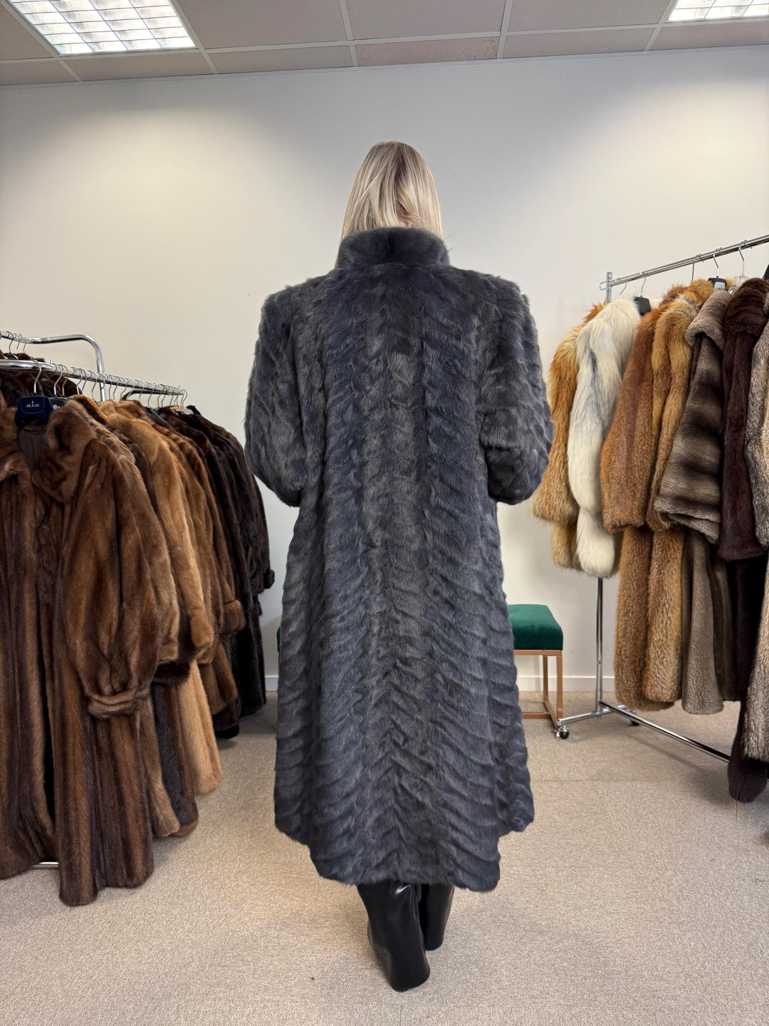 Dyed Mink & Rabbit Fur Coat, XXL Size, Blue Fur Coat, Vintage Fur Coat, Real Fur Coat, Long Fur Coat, Women's Fur Coat, Rabbit Fur Coat