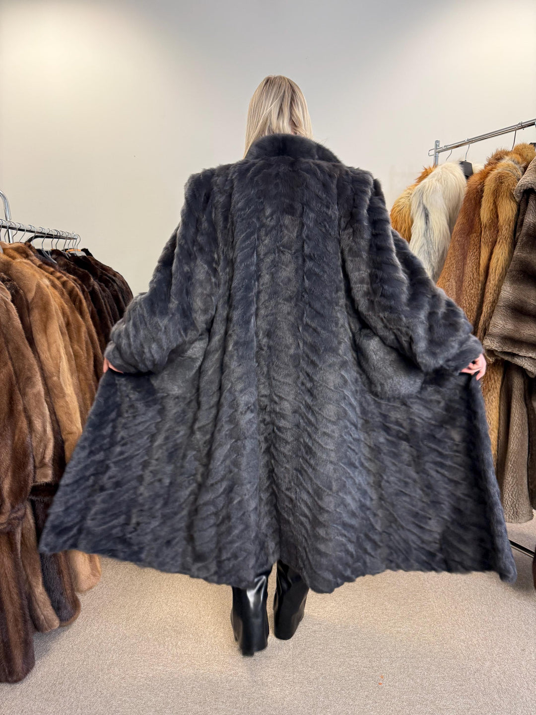 Dyed Mink & Rabbit Fur Coat, XXL Size, Blue Fur Coat, Vintage Fur Coat, Real Fur Coat, Long Fur Coat, Women's Fur Coat, Rabbit Fur Coat