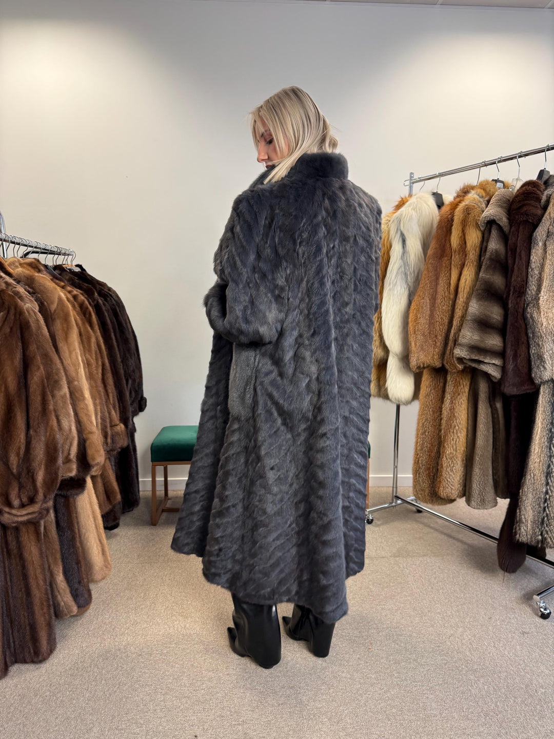 Dyed Mink & Rabbit Fur Coat, XXL Size, Blue Fur Coat, Vintage Fur Coat, Real Fur Coat, Long Fur Coat, Women's Fur Coat, Rabbit Fur Coat