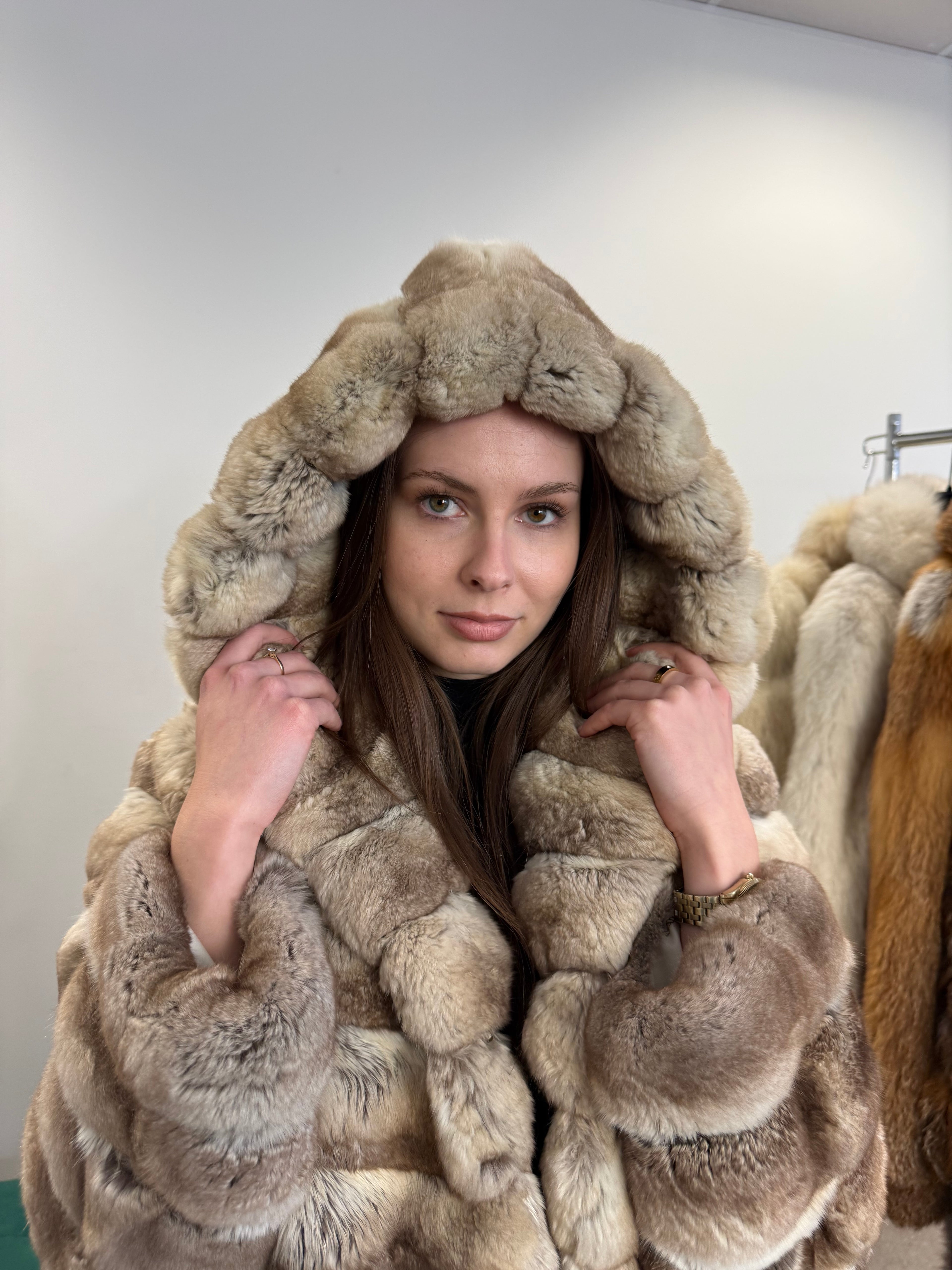 Chinchilla Fur Coat, Light Grey, Hooded, Size M